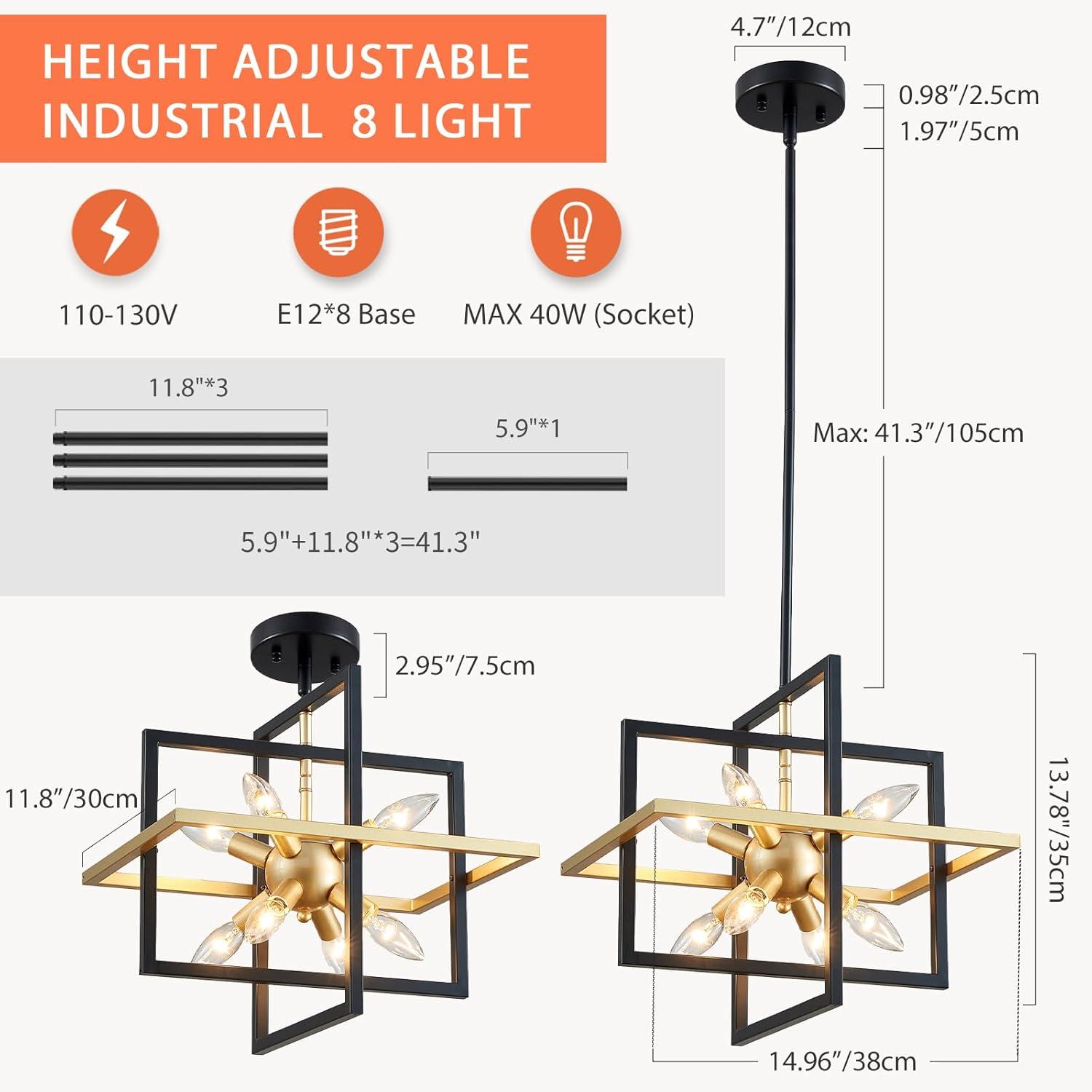 Modern Black and Gold Chandelier, 8-Light Geometric Pendant Light Fixture, Dining Light Fixtures Adjustable Chandelier for Dining Room Entryway Foyer Hallway Bedroom Living Room Kitchen Island
