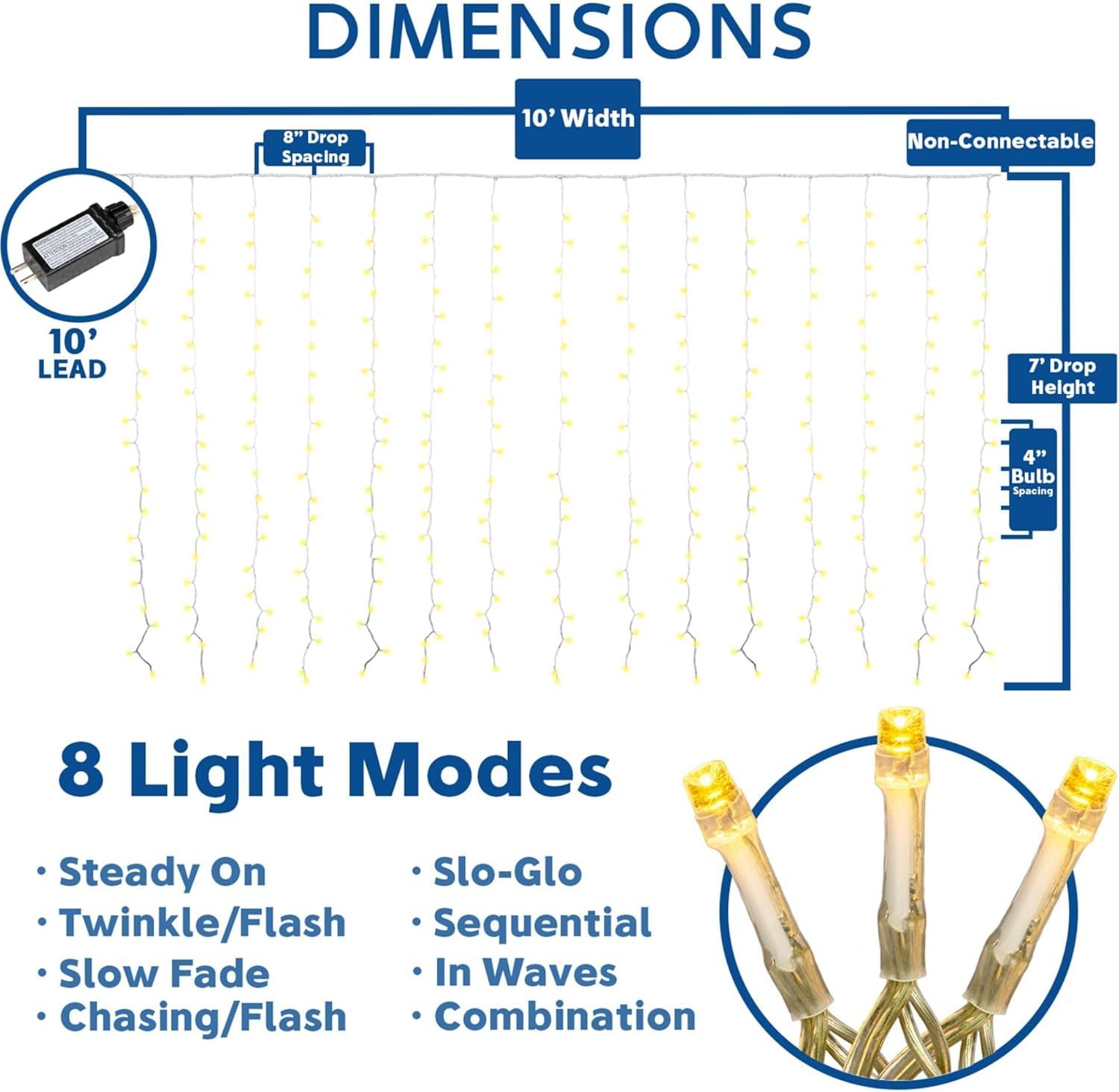 Novelty Lights LED Curtain Lights 300 LED Warm White 8 Function Non-Connectable Clear Wire