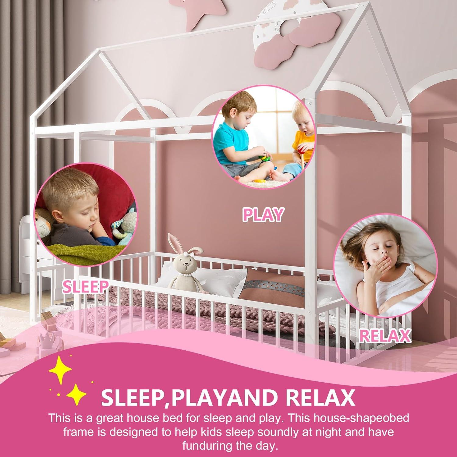 Ultimate Kids Comfort: HZANHY Twin Montessori Floor Bed, Rails, Playhouse Bed With Roof, Foot Pads
