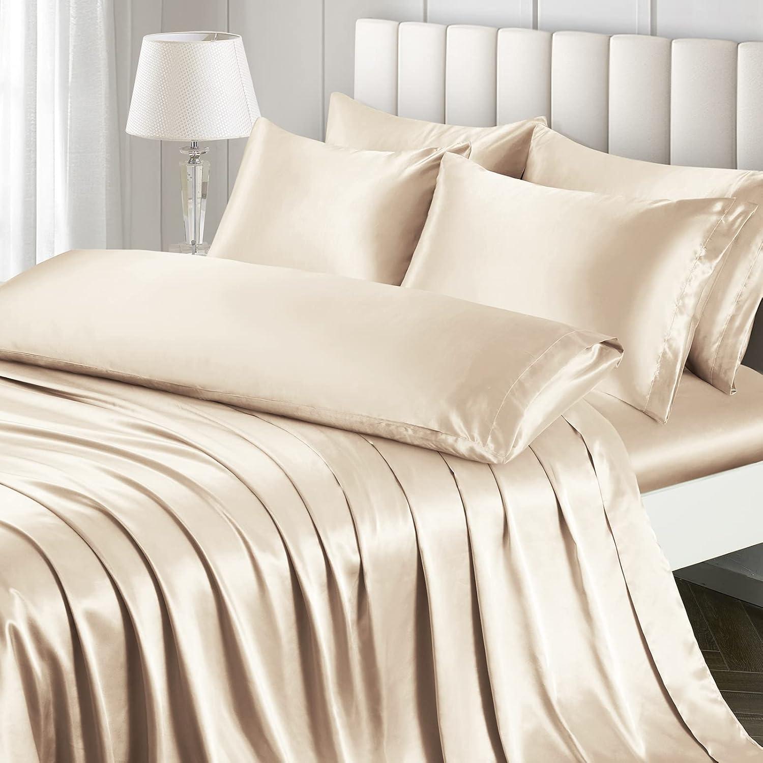 Luxury Beige Satin Queen Deep Pocket 7-Piece Sheet Set