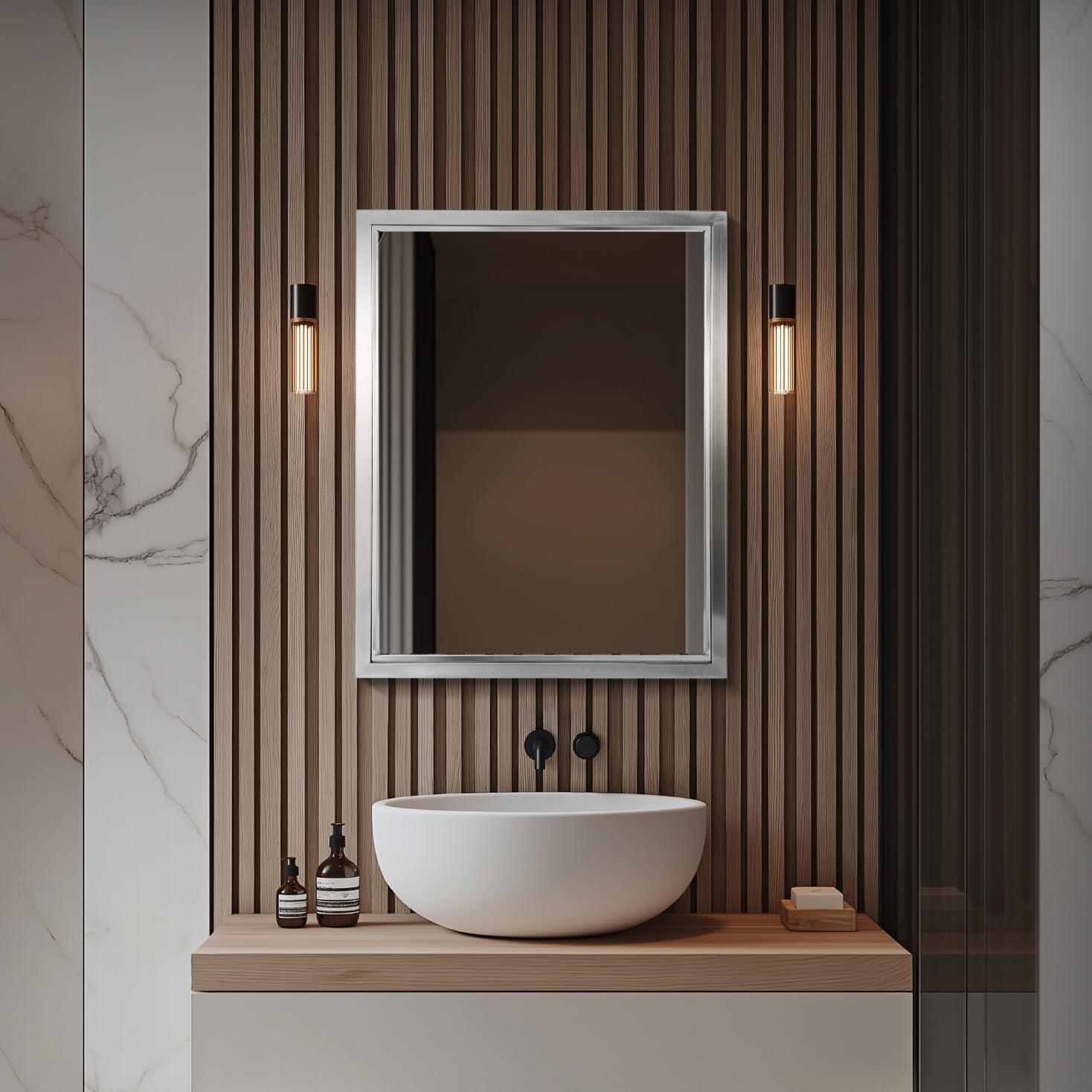 Head West Brushed Nickel and Chrome Metal Framed Vanity Mirror for Bathroom - Beveled-Edge Bedroom Mirror with Z-Bar Brackets for Vertical & Horizontal Placement - 24"x30"