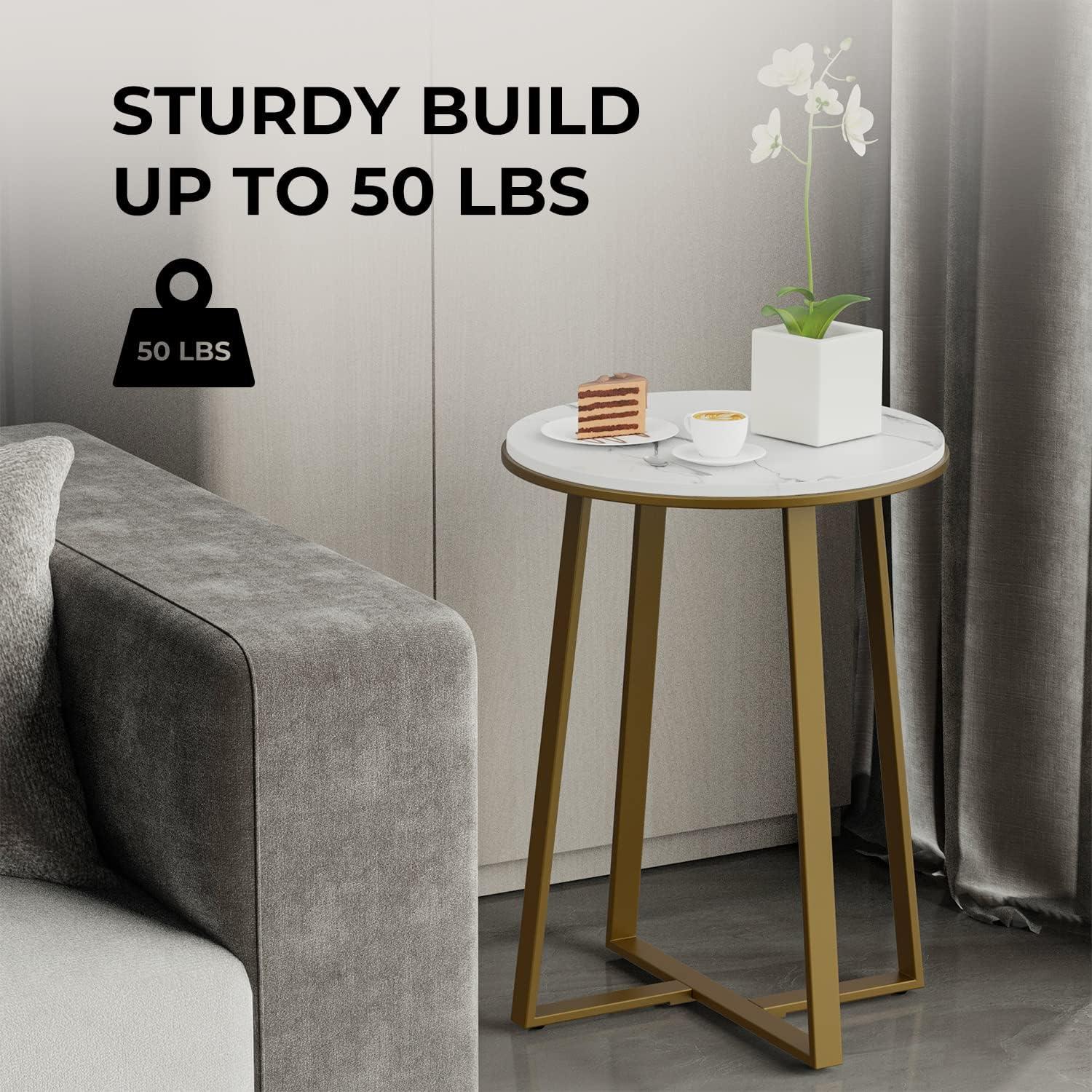 Round Small End Table White Marble Texture MDF Top,Metal Frame Gold Color, Tall Coffee Tea End Table for Bed Room, Living Room (White Marble+Gold)