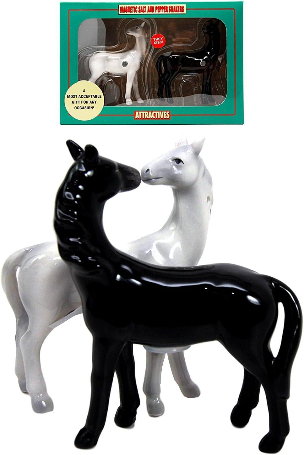 Atlantic Collectibles Romantic Black and White Horses Ceramic Magnetic Salt Pepper Shakers Set Figurines