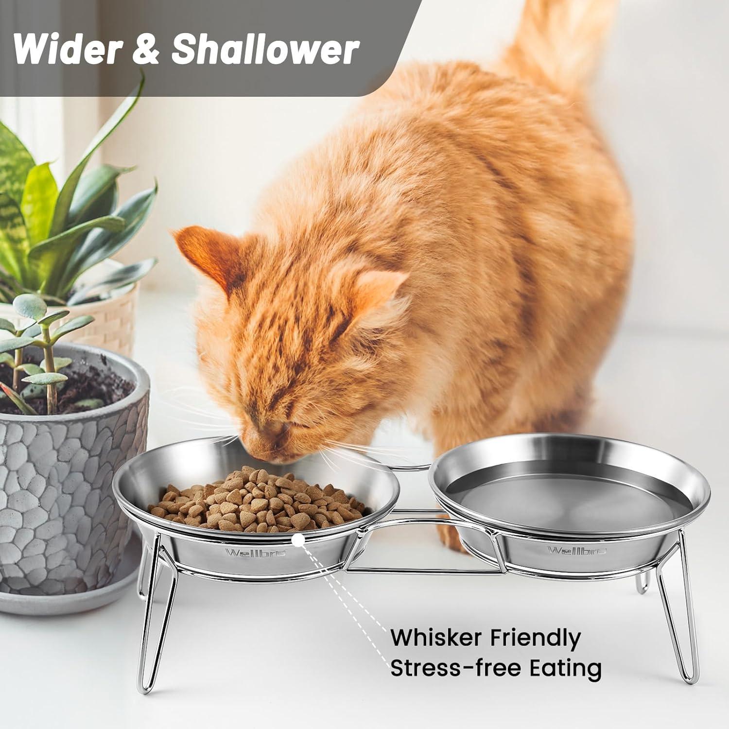 Elevated Cat Bowls, 5.9 Inch Wide Stainless Steel Cat Food Bowls with Metal Stand Whisker Stress-Free, Raised Food and Water Dish for Cats, Kitten, Puppies and Small Dogs-2 Pack