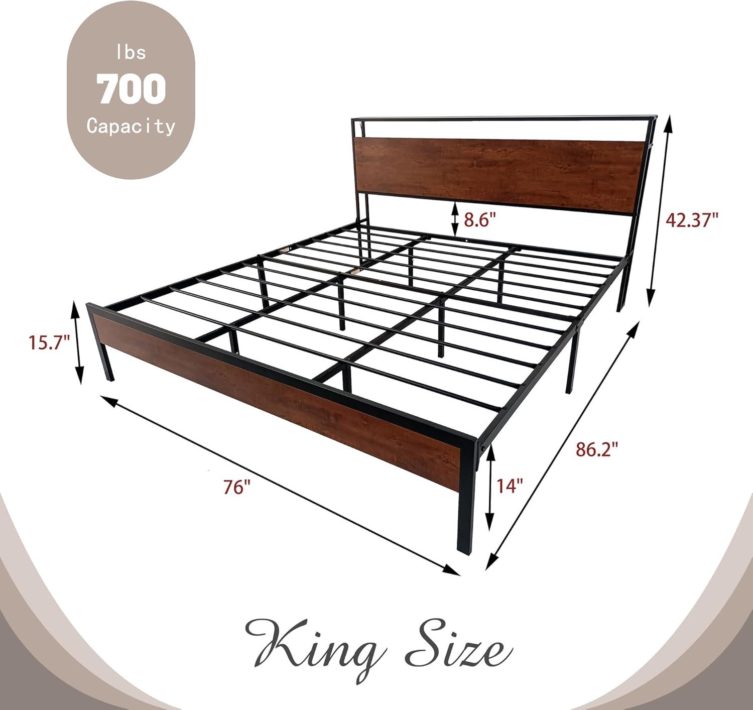 NNV King Size Metal Platform Bed Frame with USB Ports & AC Outlets, LED Lights Storage Headboard, Mahogany