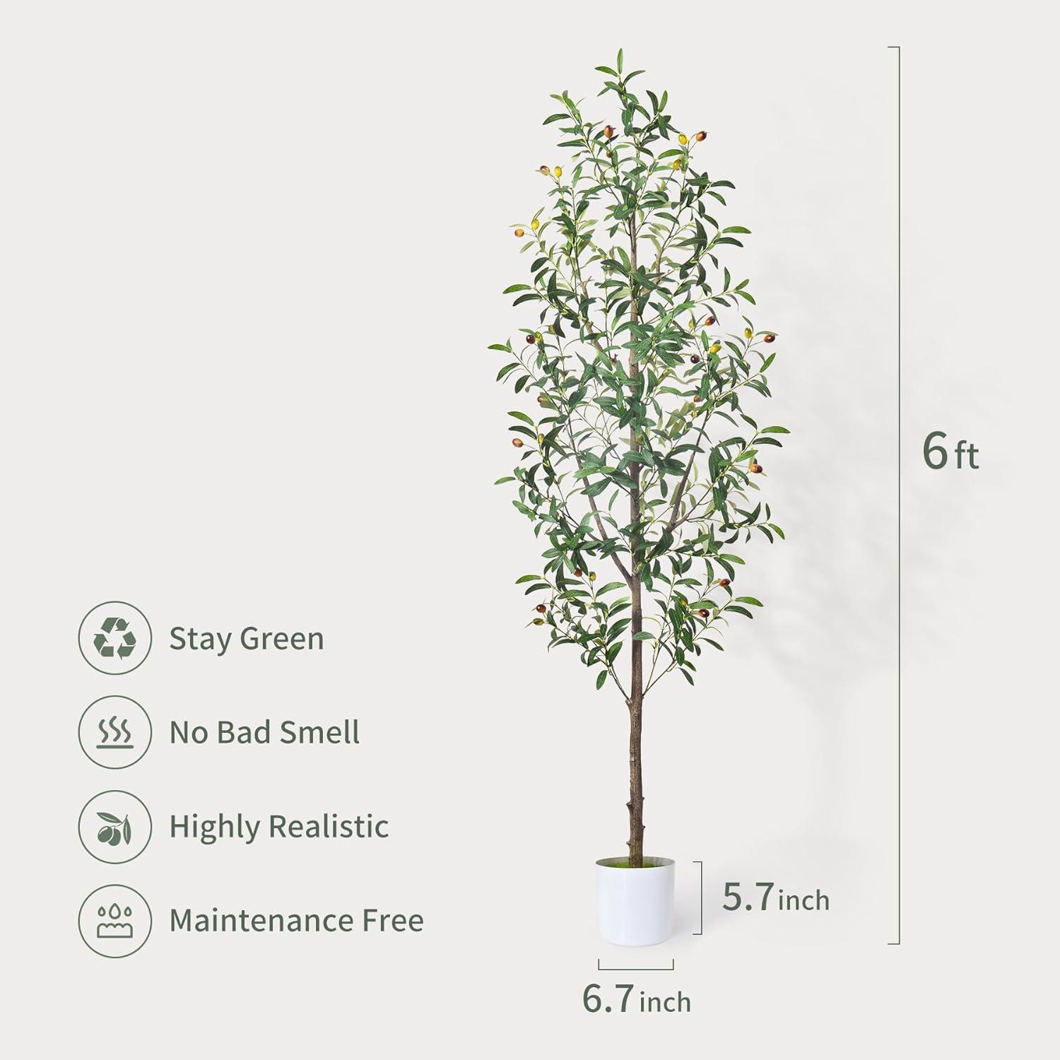 6FT Tall Artificial Olive Tree with Realistic Trunk and Leaves in White Pot