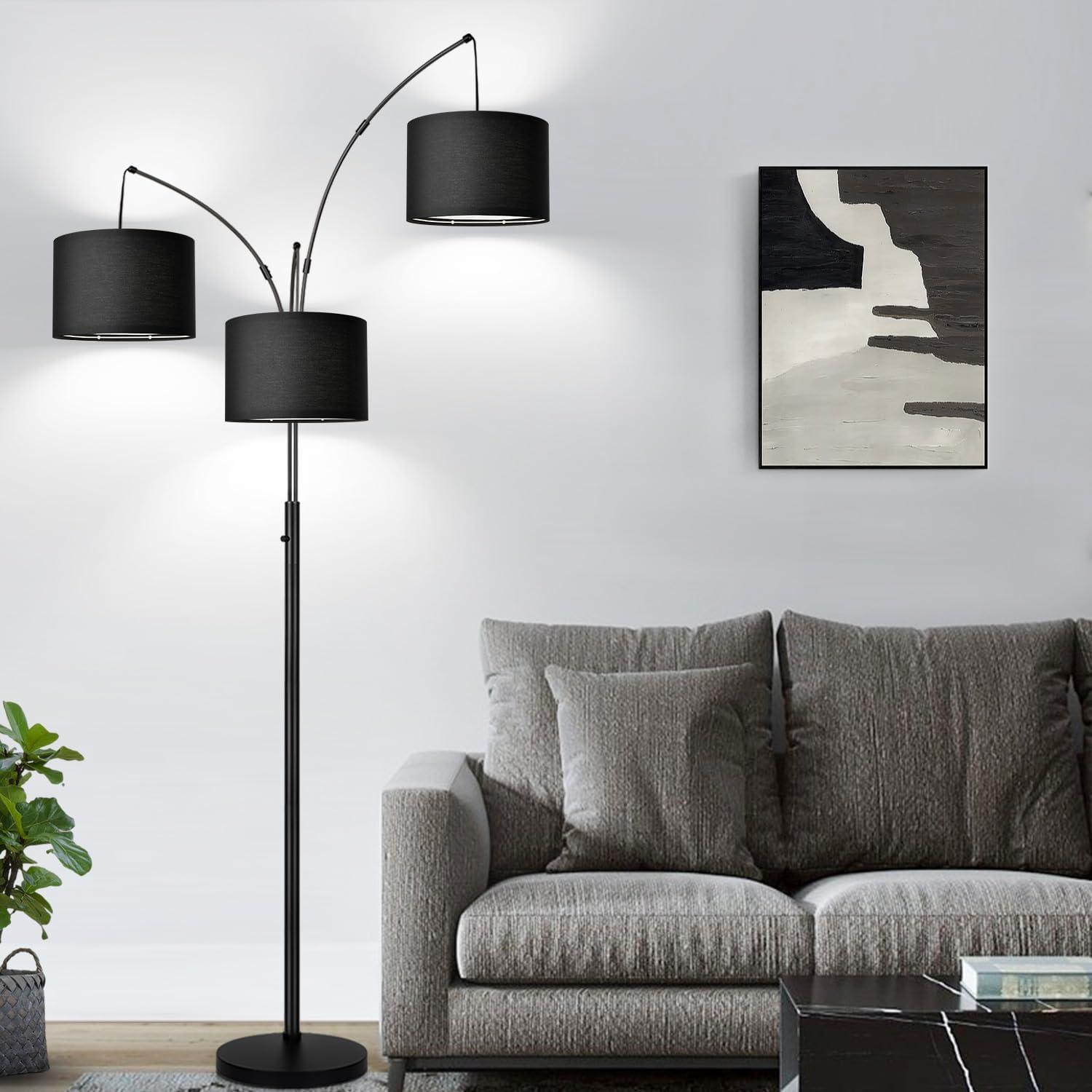 Matte Black Multi-Head Arc Floor Lamp with Linen Shades