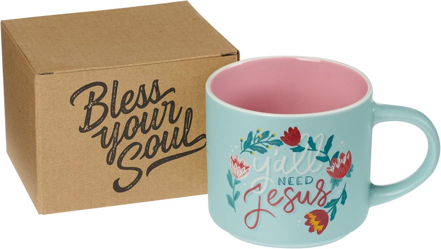 Bless Your Soul XL Blue Coffee Mug Y'all Need Jesus, Funny Birthday Gifts for Women/Men, Co-worker, Retro-Inspired Designs - 15oz Cup