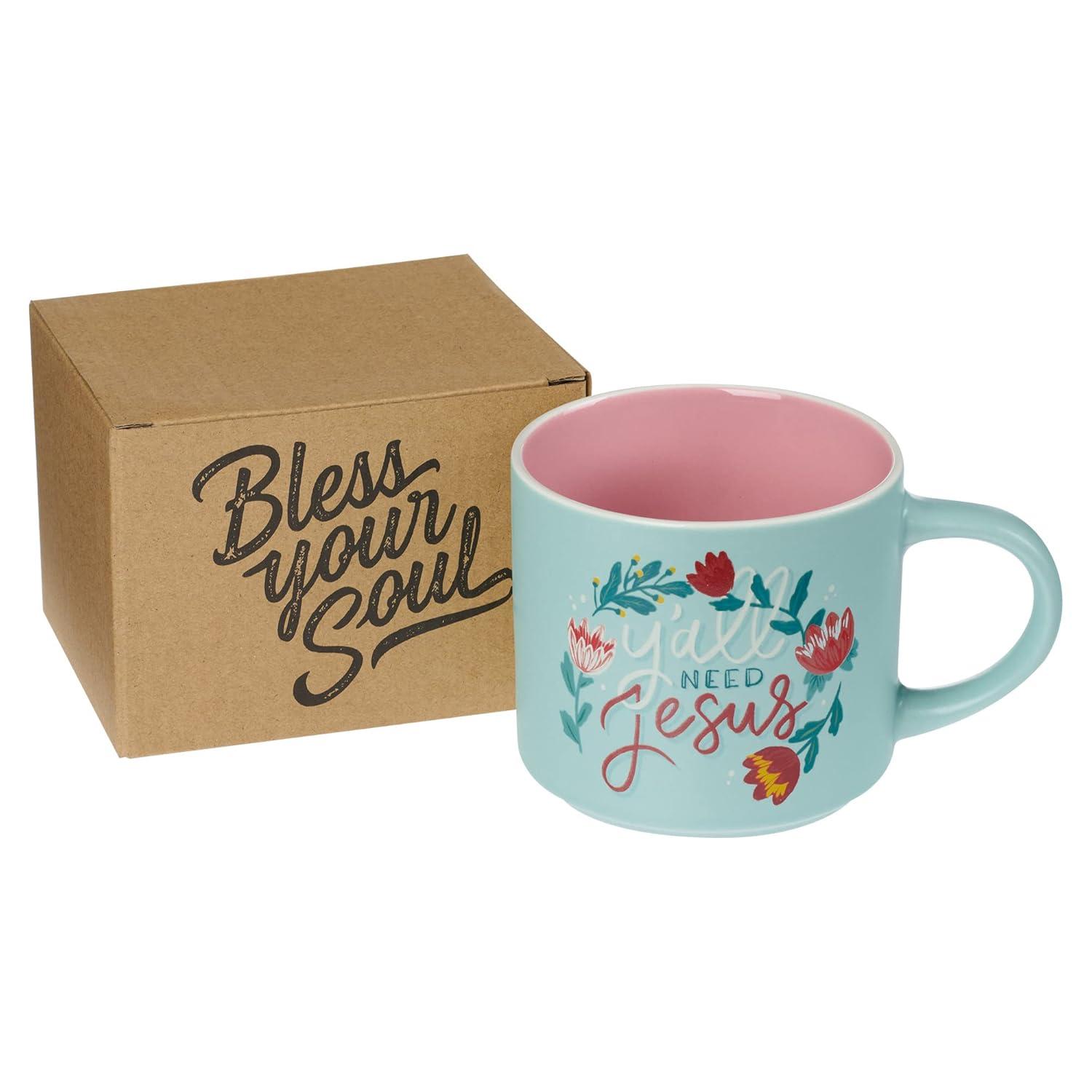 Bless Your Soul XL Blue Coffee Mug Y'all Need Jesus, Funny Birthday Gifts for Women/Men, Co-worker, Retro-Inspired Designs - 15oz Cup