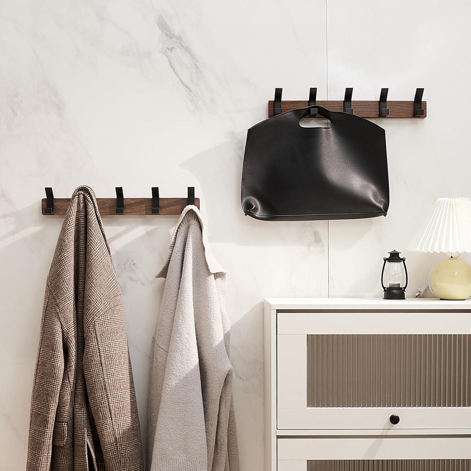 Walnut Wood Wall-Mounted Coat Rack with Black Aluminum Hooks