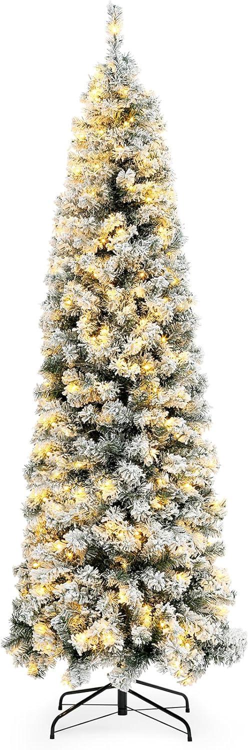 6-Foot Snow Flocked Slim Christmas Tree with Warm LED Lights