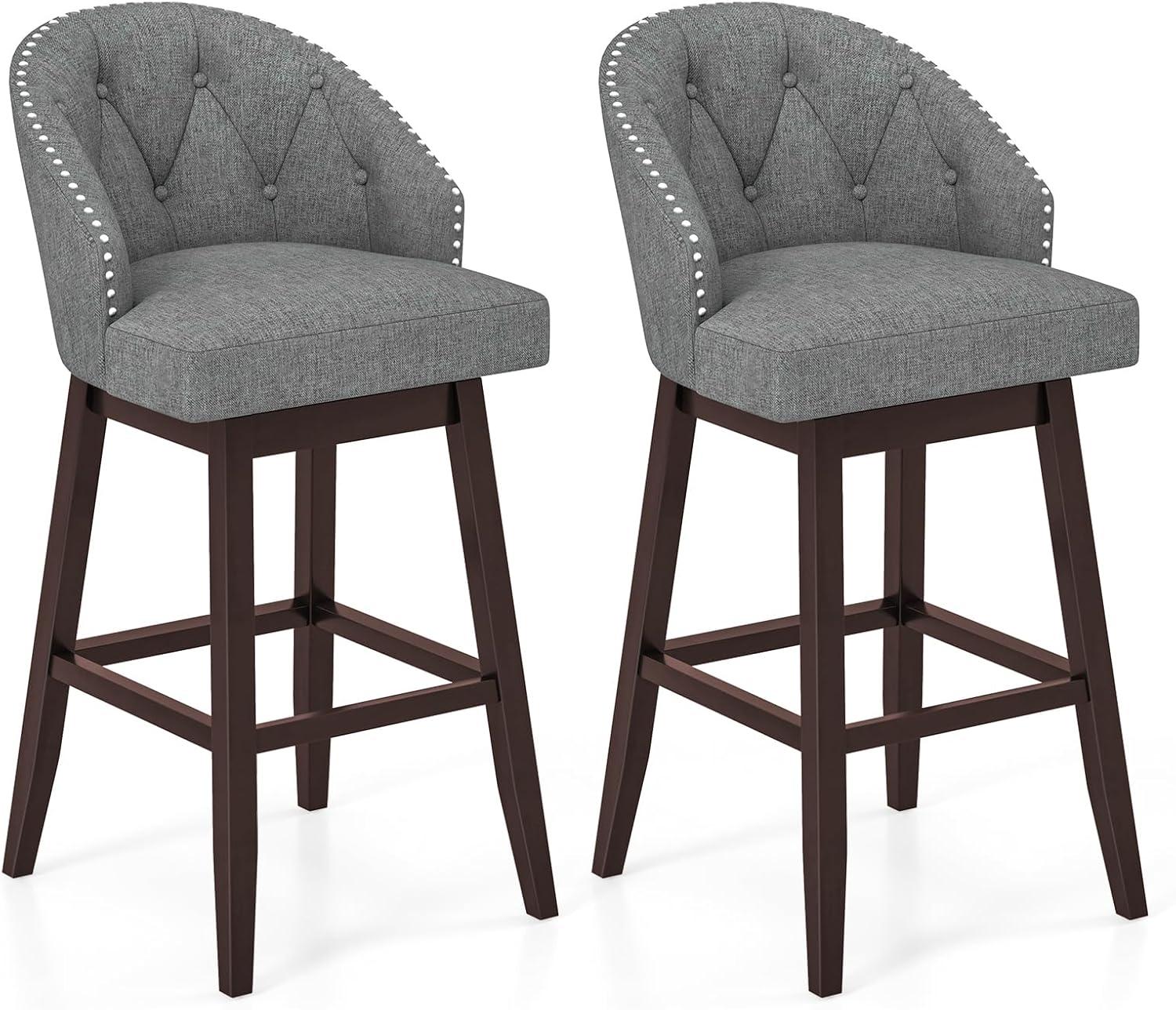 Gray Tufted Swivel Bar Stools with Rubber Wood Legs