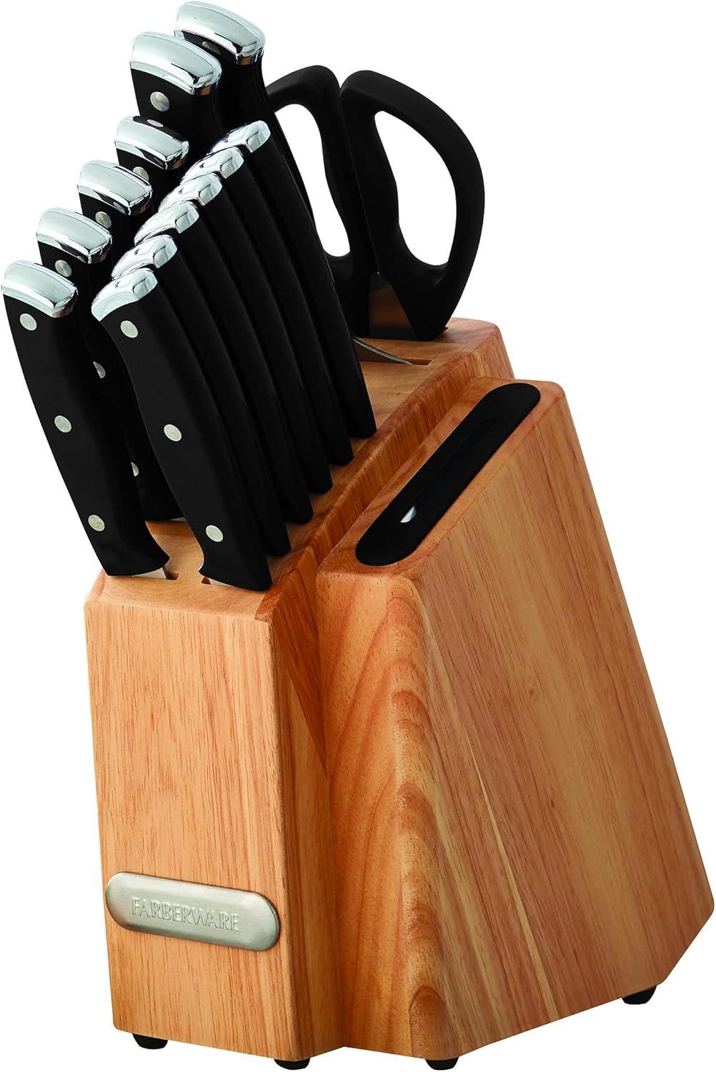 Farberware Edgekeeper Triple Riveted Slim Knife Block Set with Built in Sharpener, 14-Piece, Black