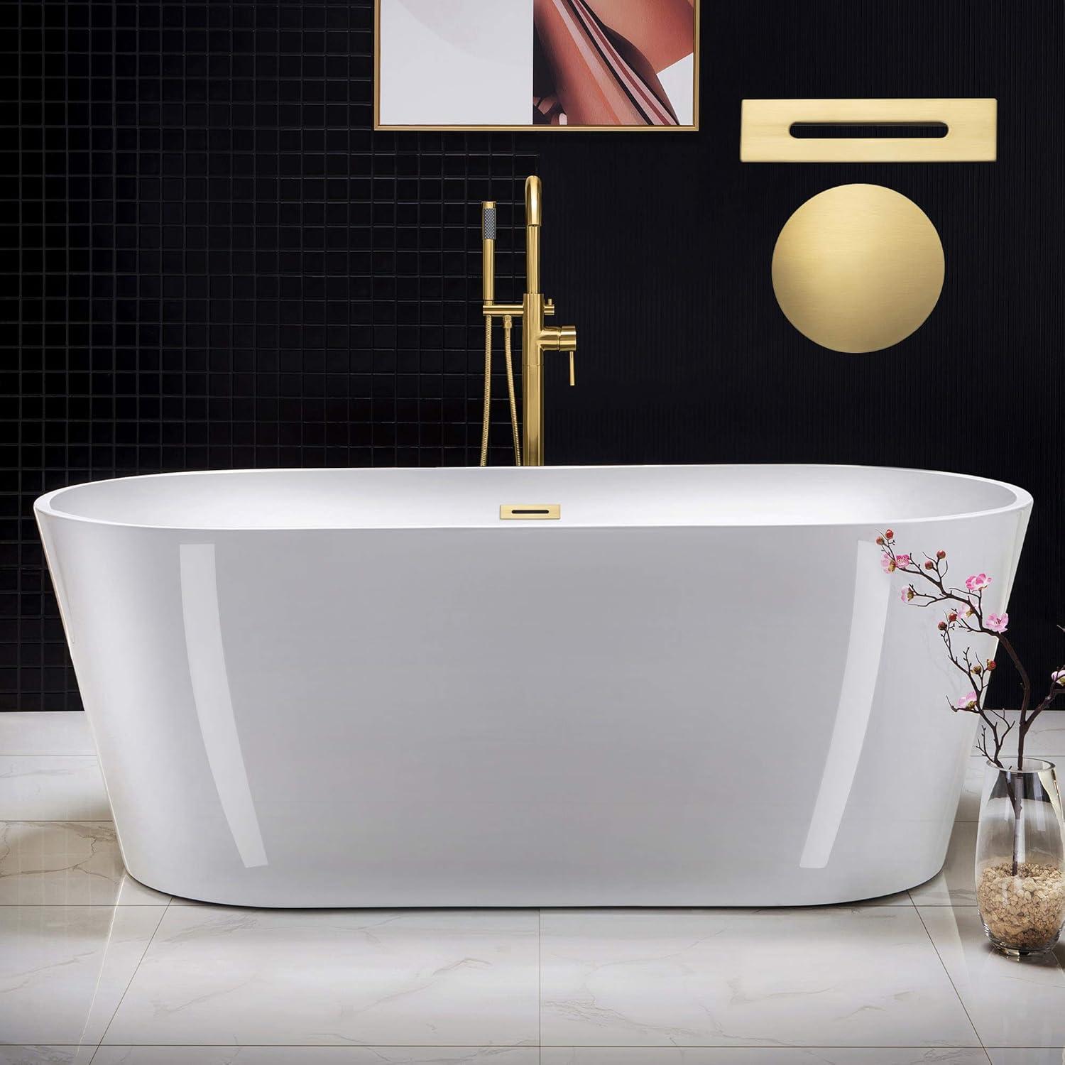 WOODBRIDGE 67" Acrylic Freestanding Bathtub Contemporary Soaking White Tub with Brushed Gold Overflow and Drain，B0013-BG