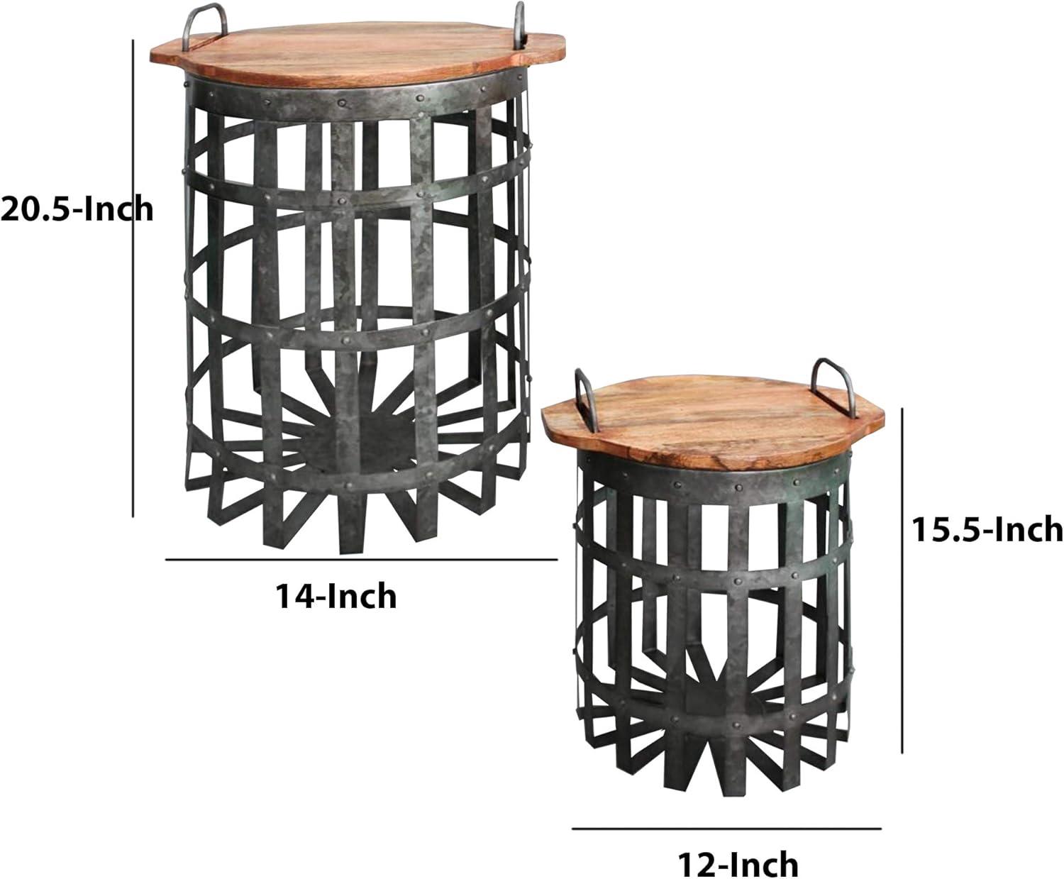 Benzara Set of 2 Industrial Grid Galvanized Accent End Table with Round Lid and Handles Accent Tables Gray/Brown