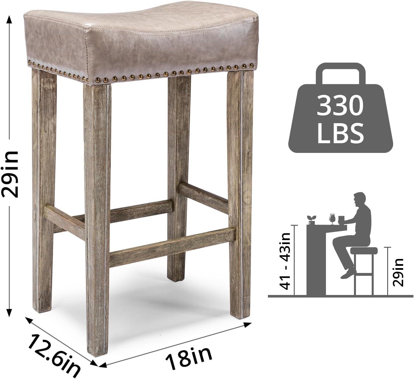 Lecut 26 Inch Wood Saddle Seat Barstool Set of 2 PU Leather Kitchen Counter Stools Nailhead Wood Pub-Height Saddle Stool Black