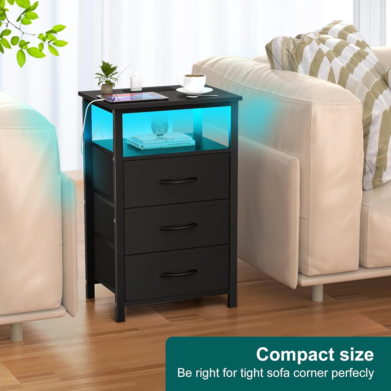 Bestco LED Nightstand End Table with Charging Station & 3 Drawers for Bedroom Black