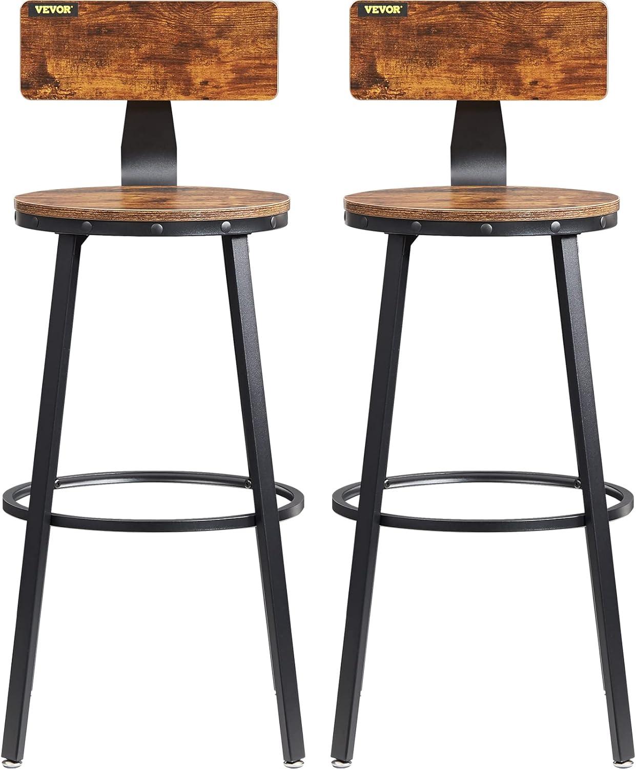 VEVOR Rustic Bar Stools, 25.6” Tall Rectangle Seat, Set of 2 Bar Chairs with Footrest Steel Frame Adjustable Feet, Wooden Industrial Kitchen Stool for Kitchen Dining Living Room, Rustic Brown