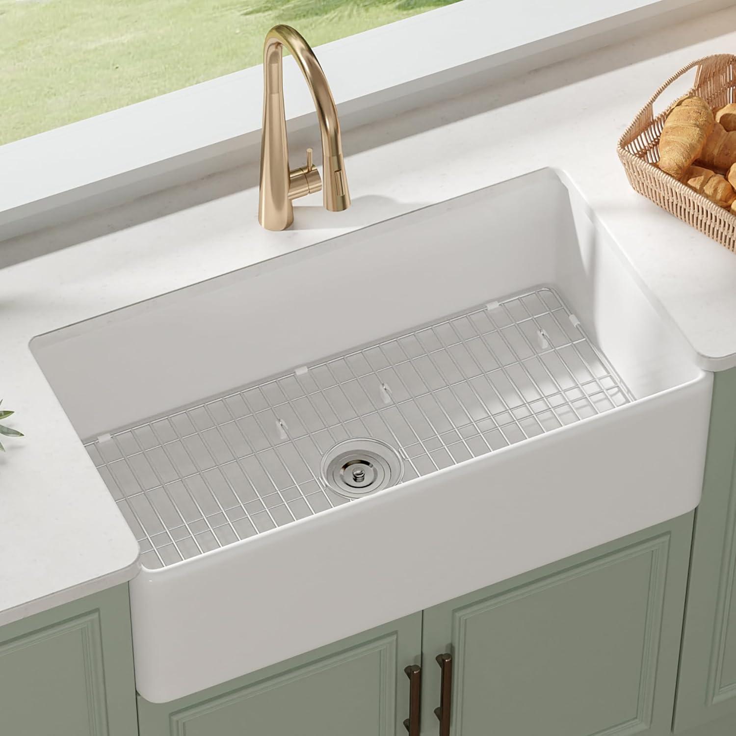 Grove 33" L X 18" W Rectangular Single Bowl Fireclay Farmhouse Kitchen Sink with Grid and Strainer