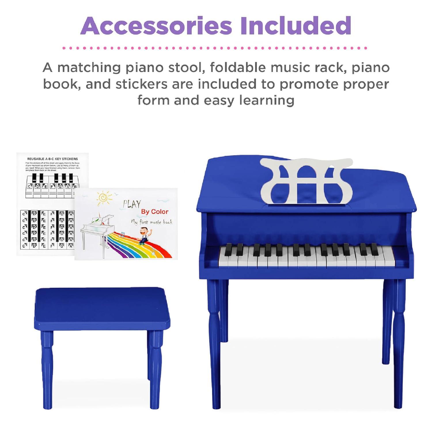 Best Choice Products Kids Classic 30-Key Mini Piano w/ Lid, Bench, Folding Music Rack, Song Book, Stickers - Dark Blue