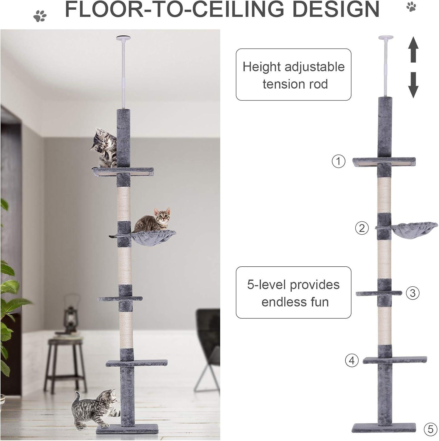 Pawhut Adjustable Height Floor To Ceiling Vertical Cat Tree, Gray and White, 9'