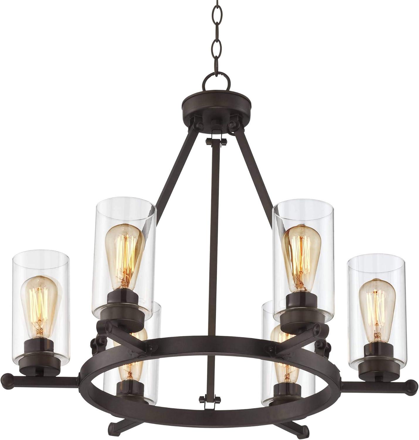 Franklin Iron Works Holman Bronze Wagon Wheel Chandelier 26 3/4" Wide Rustic Farmhouse Clear Glass 6-Light Fixture for Dining Room Kitchen Island Home