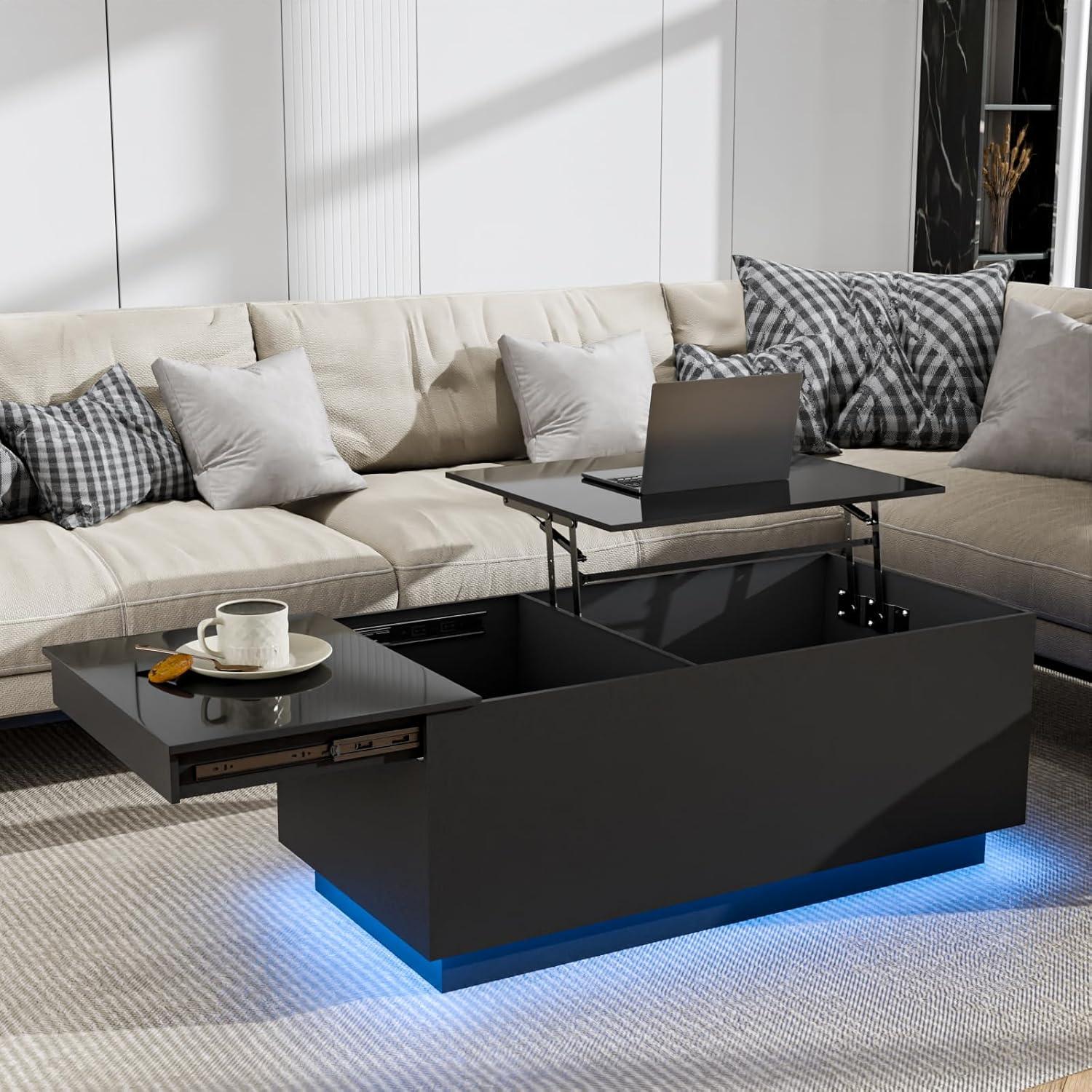 Hommpa LED Coffee Table with USB Ports and Outlets Lift Top Coffee Tables with Storage High Gloss Black Rectangular Modern Center Table for Living Dining Room