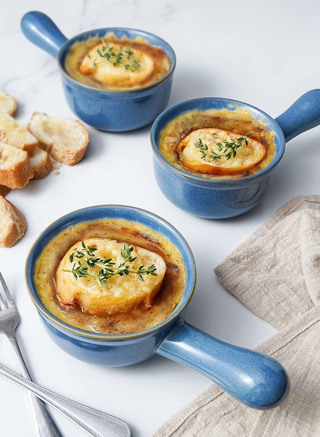 LE TAUCI Soup Bowls with Handle, 15 Oz Ceramic French Onion Soup Bowls, Large Soup Crocks Oven Safe for Stew, Onion, Soup, Chilli, Set of 4, Ceylon Blue