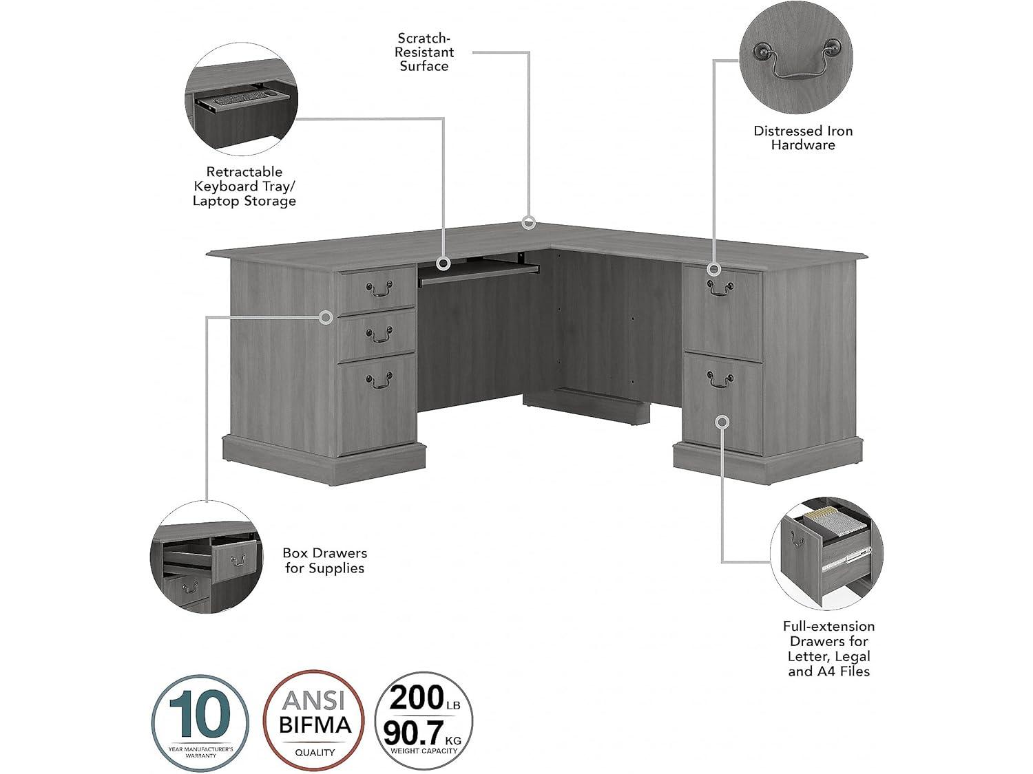 Modern Gray Engineered Wood L-Shaped Desk Set with Bookcases and File Cabinet