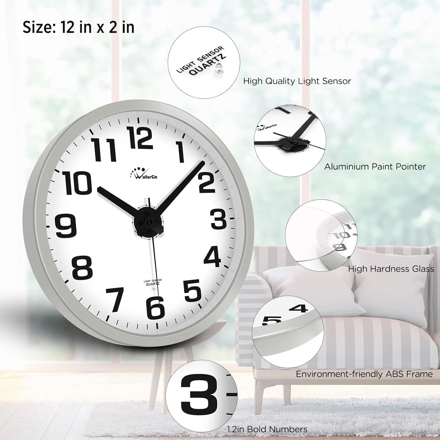 WallarGe Night Light Wall Clock for Bedroom - Silent Lighted up Wall Clock Glow in The Dark, Battery Operated Wall Clocks for Living Room/Kitchen, Easy to Read Large Digital Display, 12 Inch