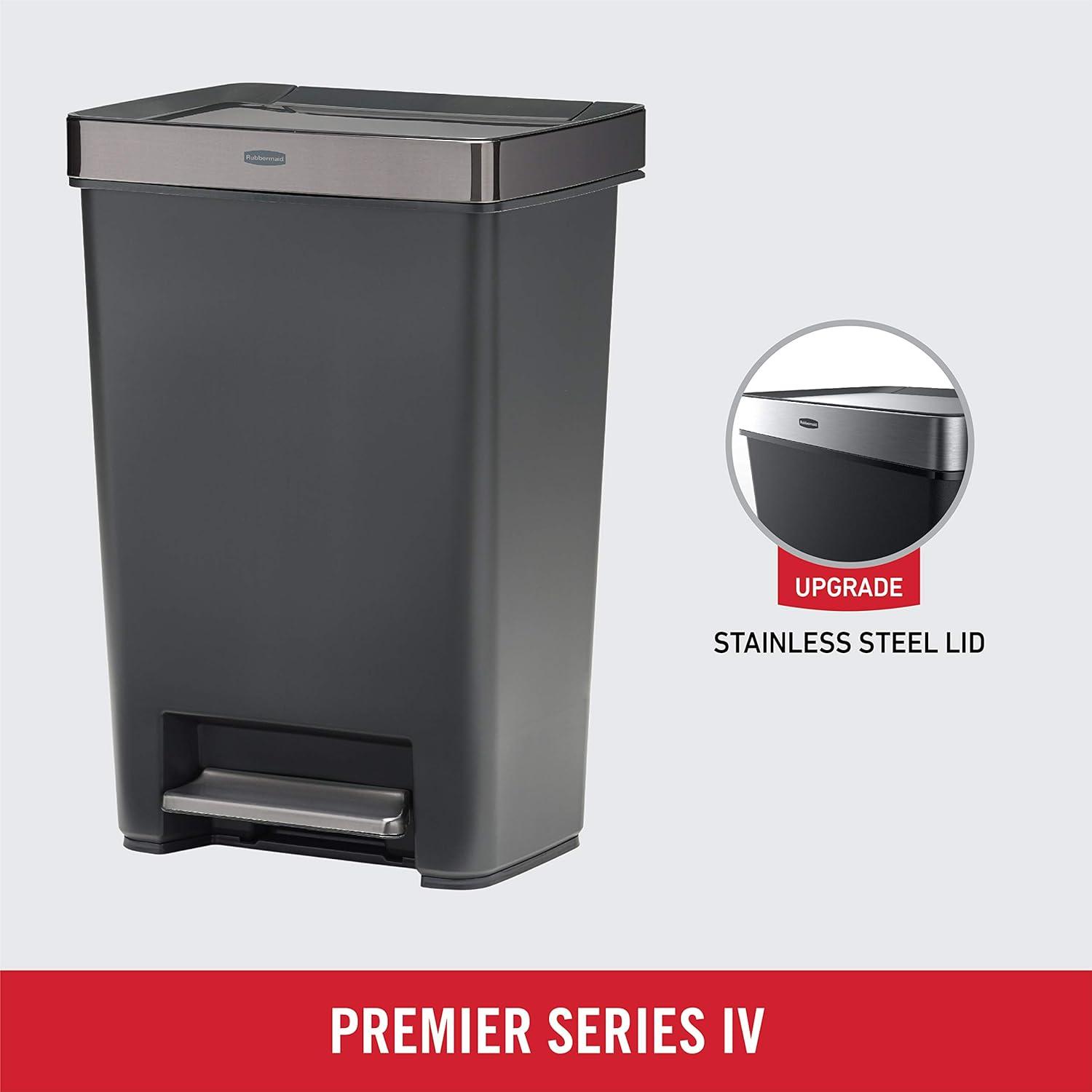 Rubbermaid Premier Series IV Step-On Trash Can for Home and Kitchen, 13 Gallon, Stainless Steel Lid Charcoal, for Home/Kitchen/Hotel/Lobby/Office
