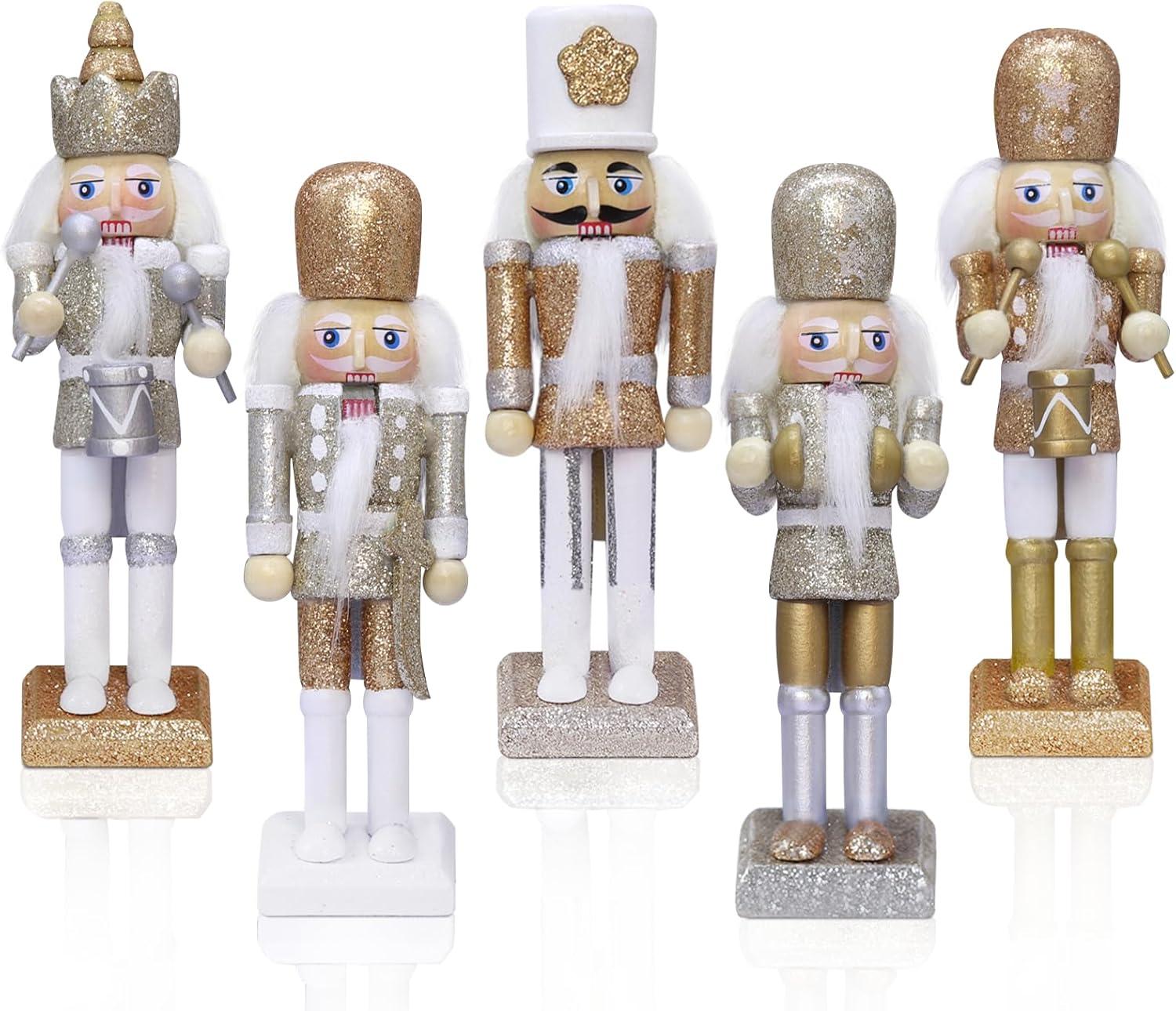 Gold and White Wooden Nutcracker Ornament Set, 5 Pieces