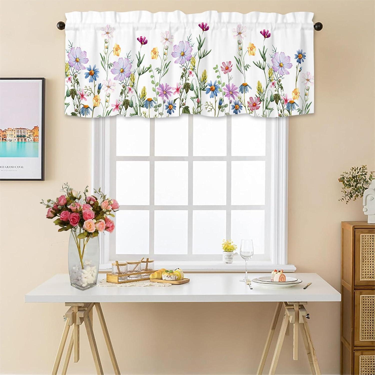 Spring Watercolor Floral Print Valance with Rod Pocket, 54" x 18"