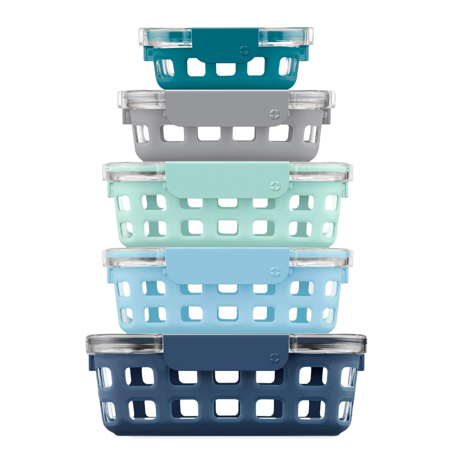 Ello Duraglass BLUE Glass Food Container - Silicone Protection, 10PC Set
