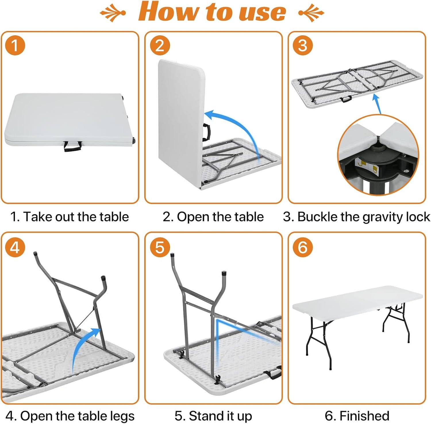 Folding Table 6 Foot Indoor Outdoor Heavy Duty Plastic Portable Fold Up Table Utility Camping Dining Party Table, Easy to Assemble, White
