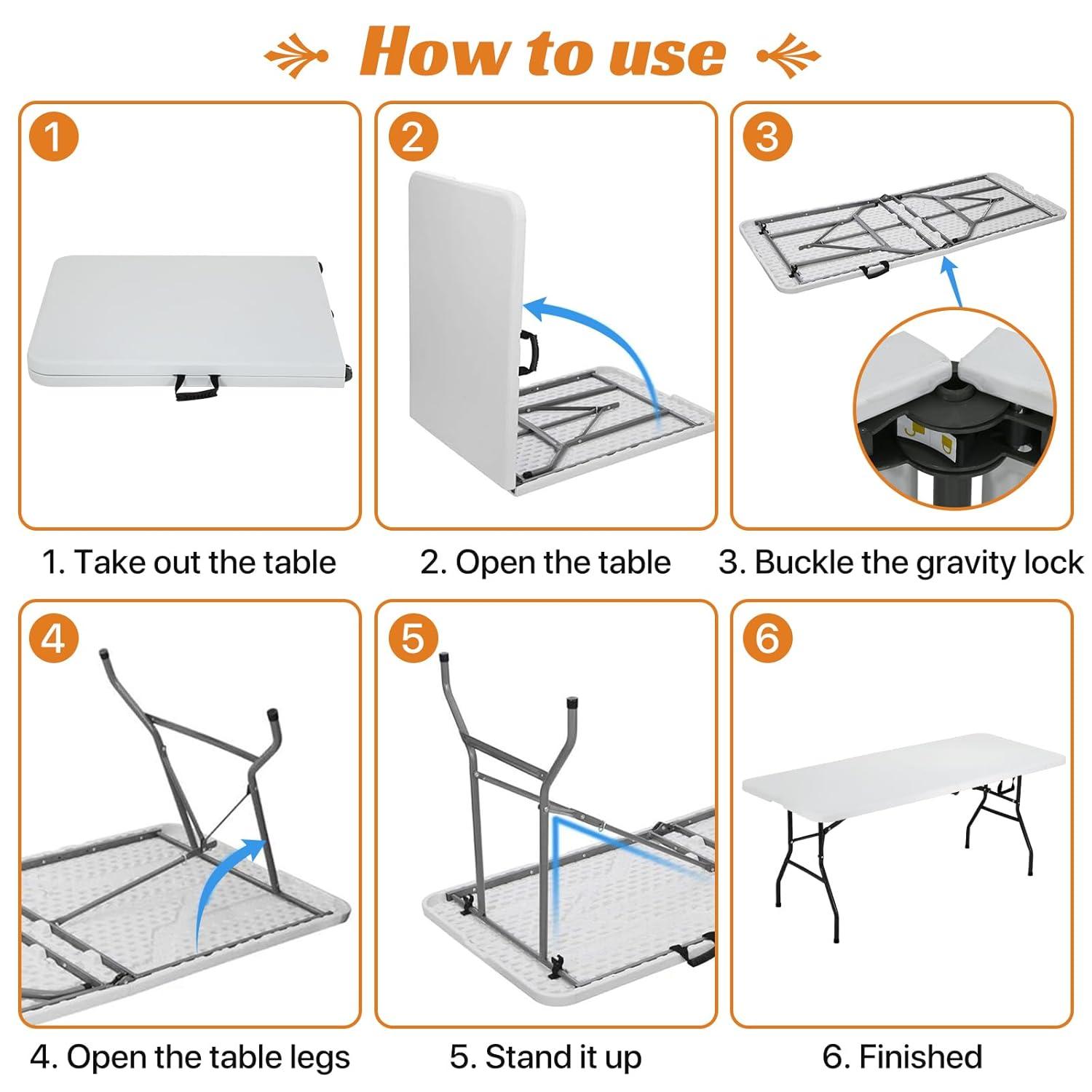 Folding Table 6 Foot Indoor Outdoor Heavy Duty Plastic Portable Fold Up Table Utility Camping Dining Party Table, Easy to Assemble, White