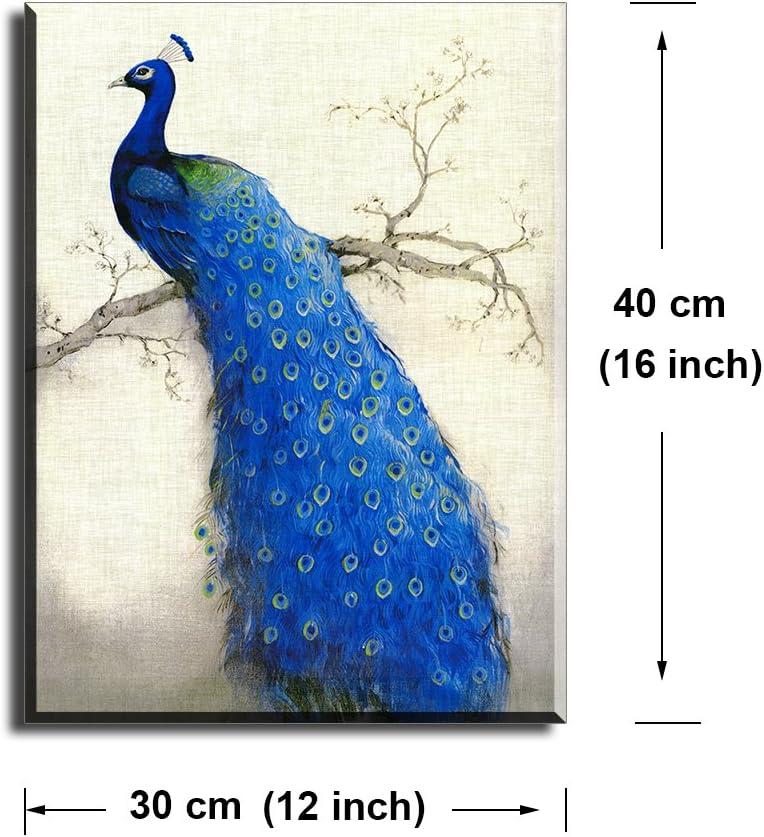 Peacock Wall Art Decor for Bedroom, PIY Beautiful Oil Painting Canvas Prints, Elegant Proud Peacock on Beige Pictures (Waterproof Artwork, Ready to Hang, 16x12)