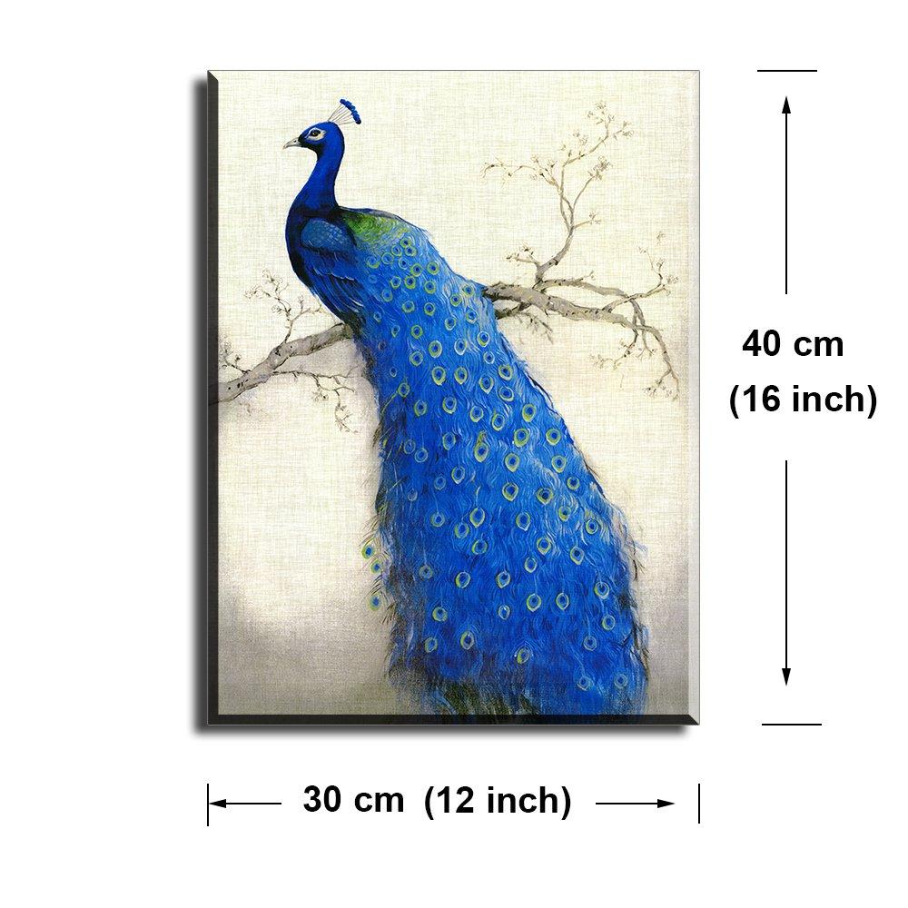 Peacock Wall Art Decor for Bedroom, PIY Beautiful Oil Painting Canvas Prints, Elegant Proud Peacock on Beige Pictures (Waterproof Artwork, Ready to Hang, 16x12)