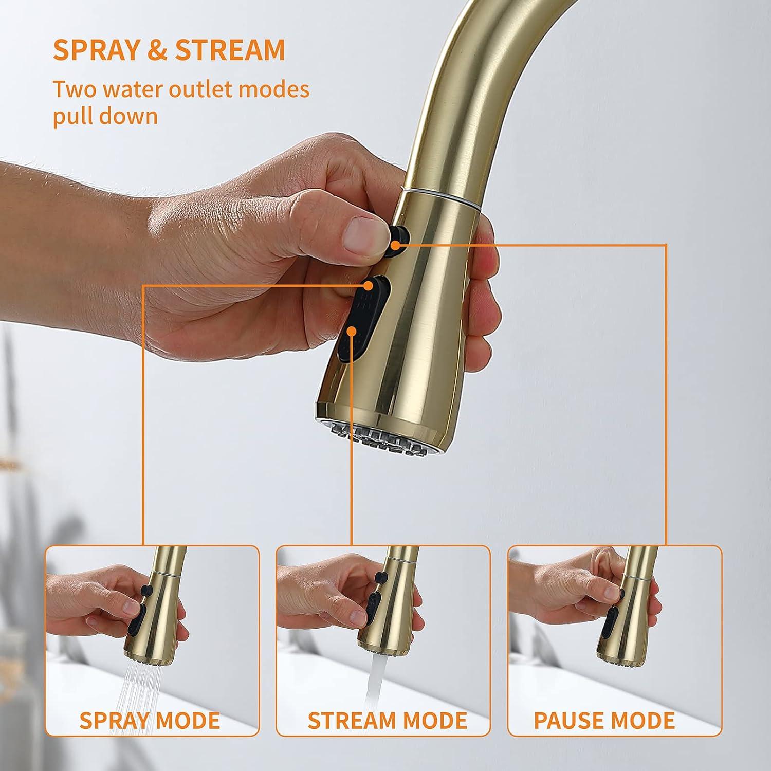 Brushed Gold Stainless Steel Pull Down Kitchen Faucet with Soap Dispenser