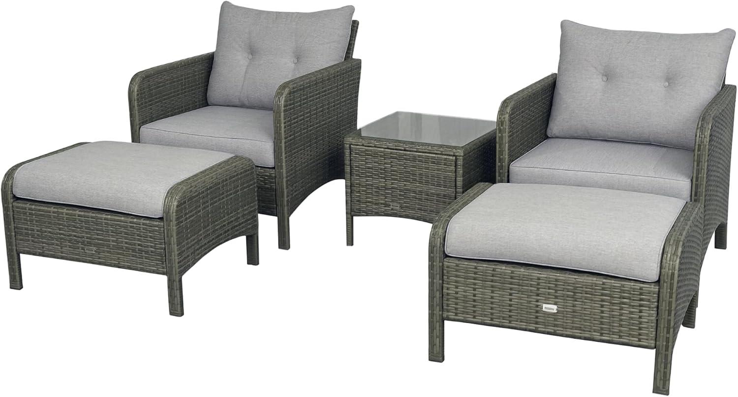 Outsunny 5 Pieces Rattan Wicker Lounge Chair Outdoor Patio Conversation Set with 2 Cushioned Chairs, 2 Ottomans & Glass Coffee Table, Gray