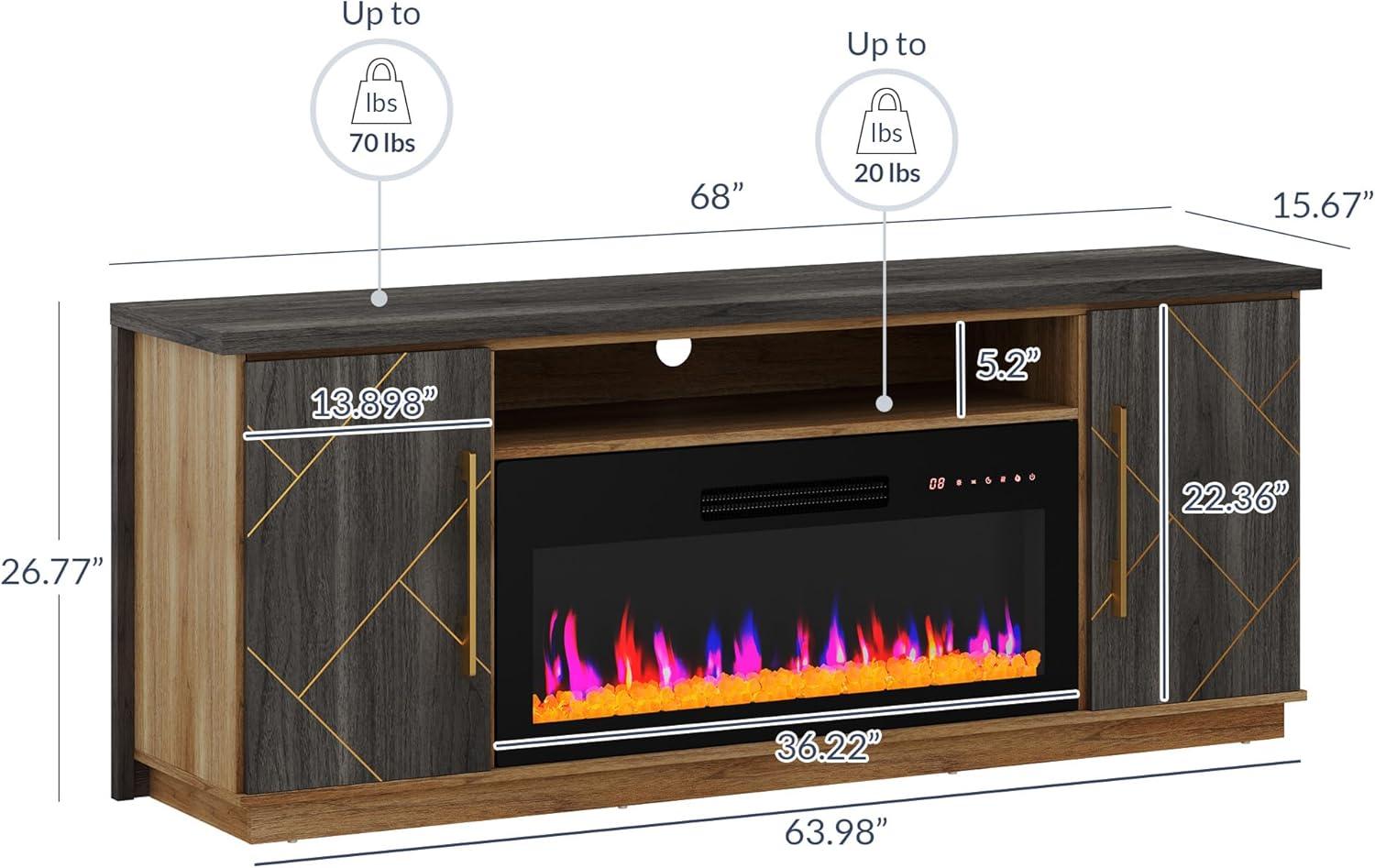 BELLEZE 68 Inch Electric Fireplace TV Stand With Gold Grim, Elegant Entertainment Center With Storage, Media Console With Drawers & Open Shelves for Living Room, Bedroom Home Theater (Espresso Black)