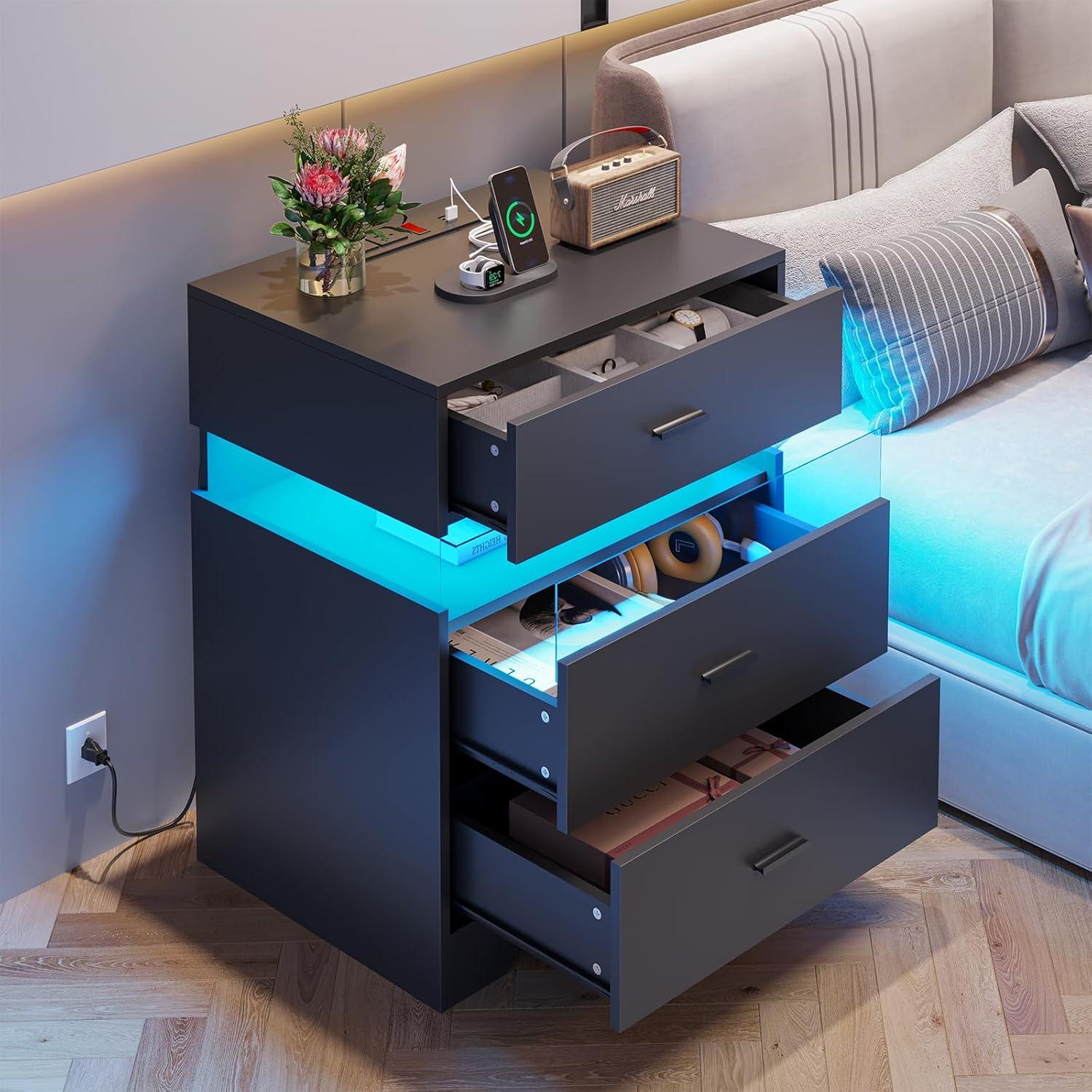 Nightstand with Acrylic LED Light, End Side Table with Charging Station and 3 Drawers, Bedside Table for Bedroom, Black