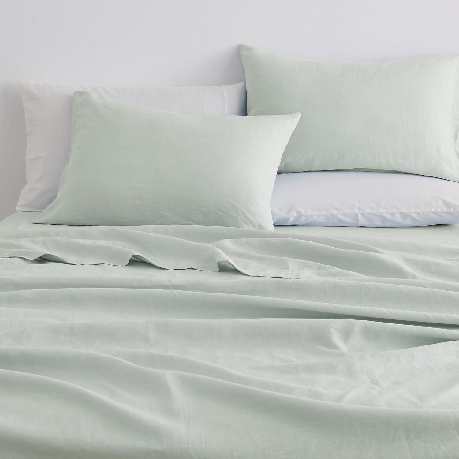 Great Bay Home 100% European Flax Linen Bed Sheet Set, Lightweight, Breathable, 4 Piece Sheet Set (Moss, King)