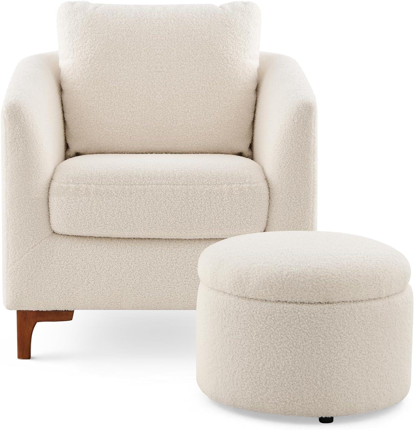 Cream Faux Leather Barrel Accent Chair with Ottoman