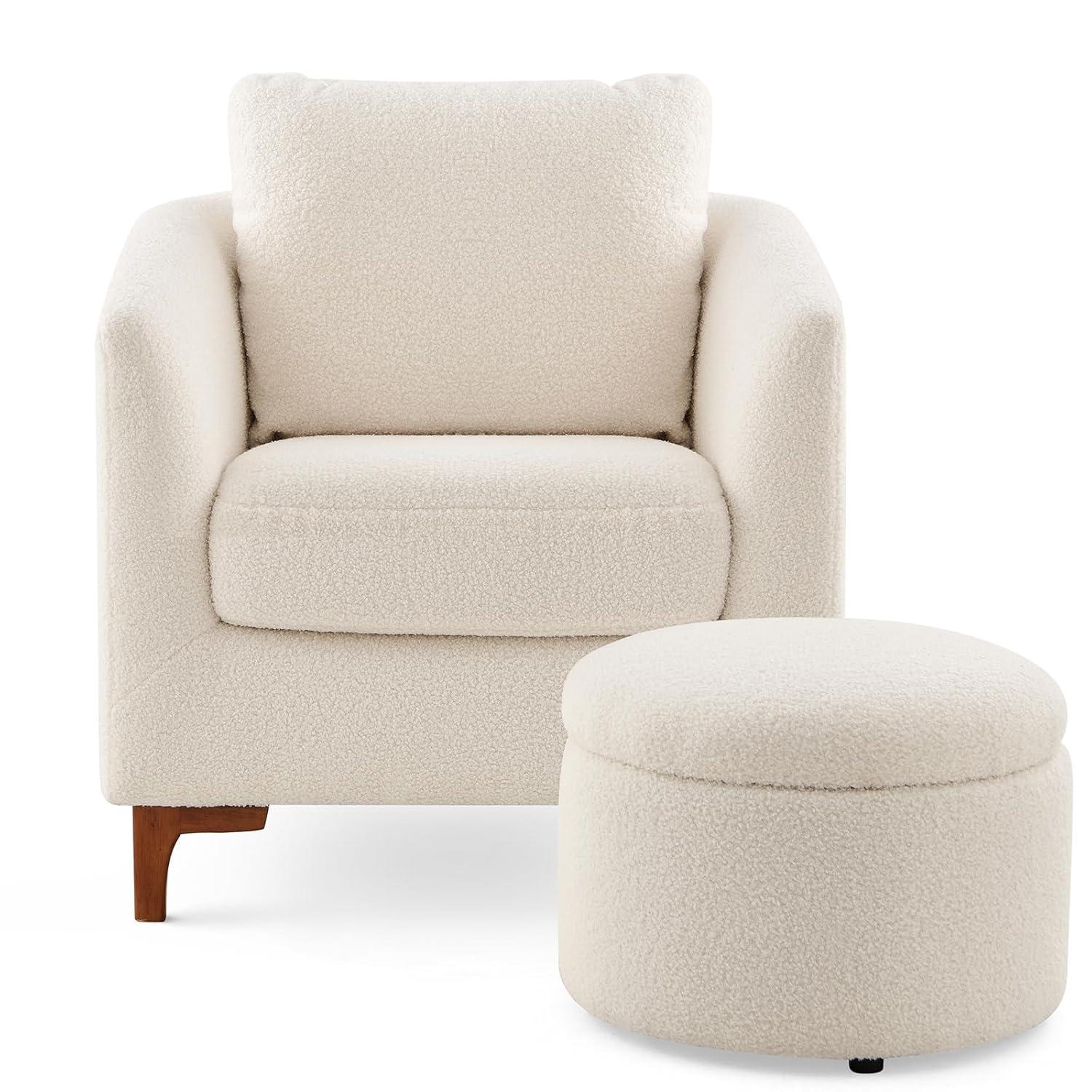 Fluffy Accent Reading Chair with Ottoman      Cream