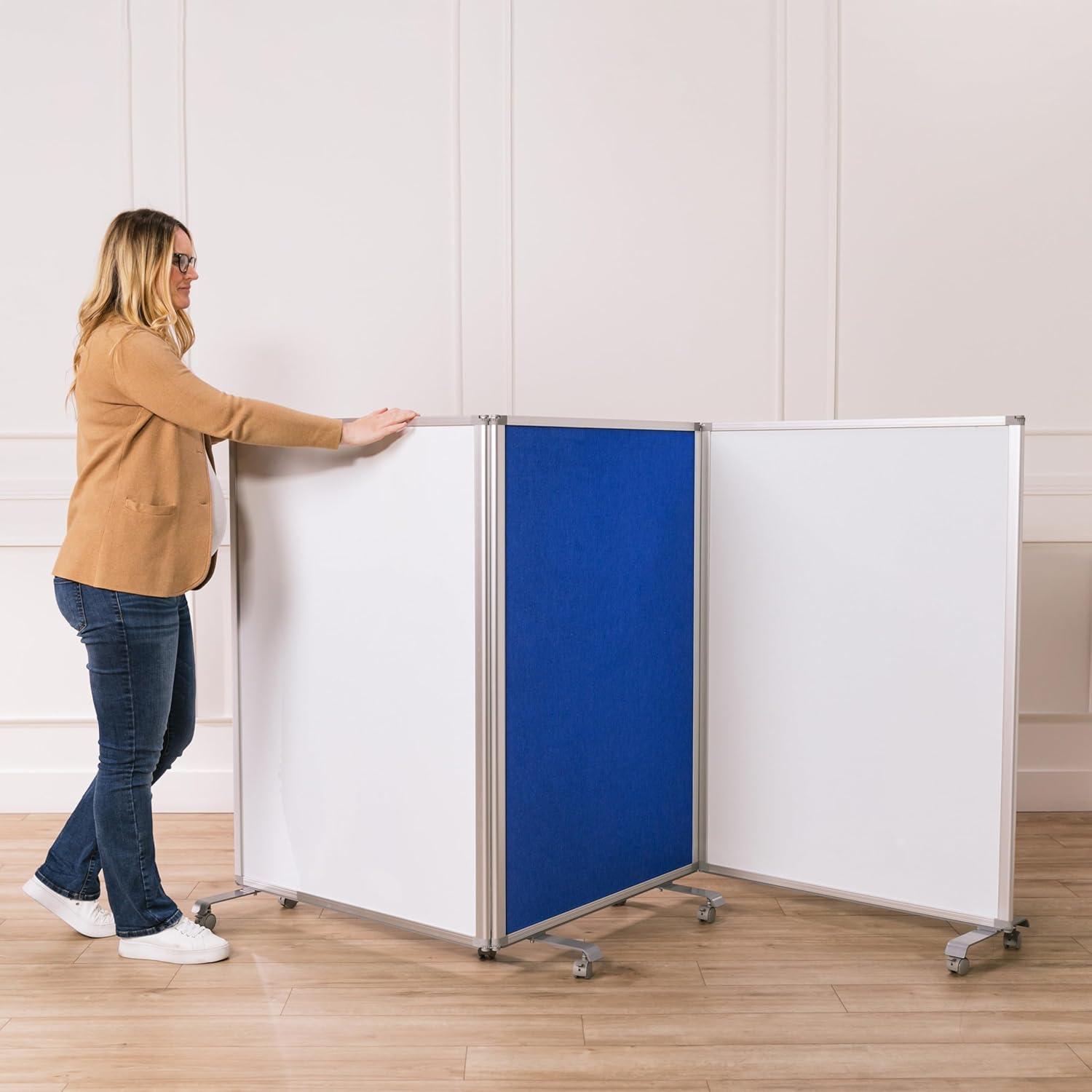 Blue and White 3-Panel Mobile Dry-Erase and Felt Room Divider