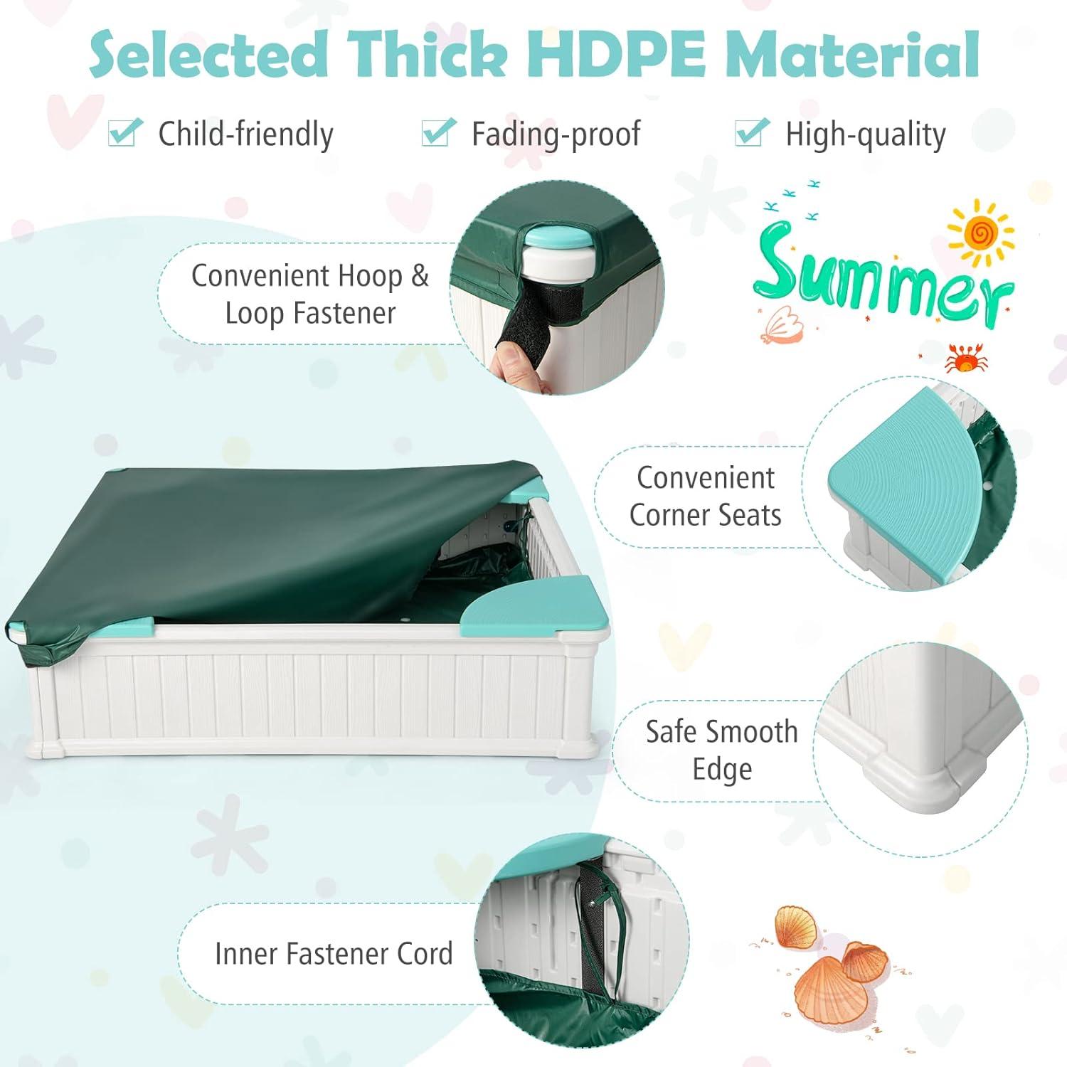 Spaco Kids Outdoor Sandbox with Oxford Cover and 4 Corner Seats, Backyard Sandbox, Kids Sand Activity Sensory Play Pit, Toddler Summer Outdoor Toys, 1+ Years Old