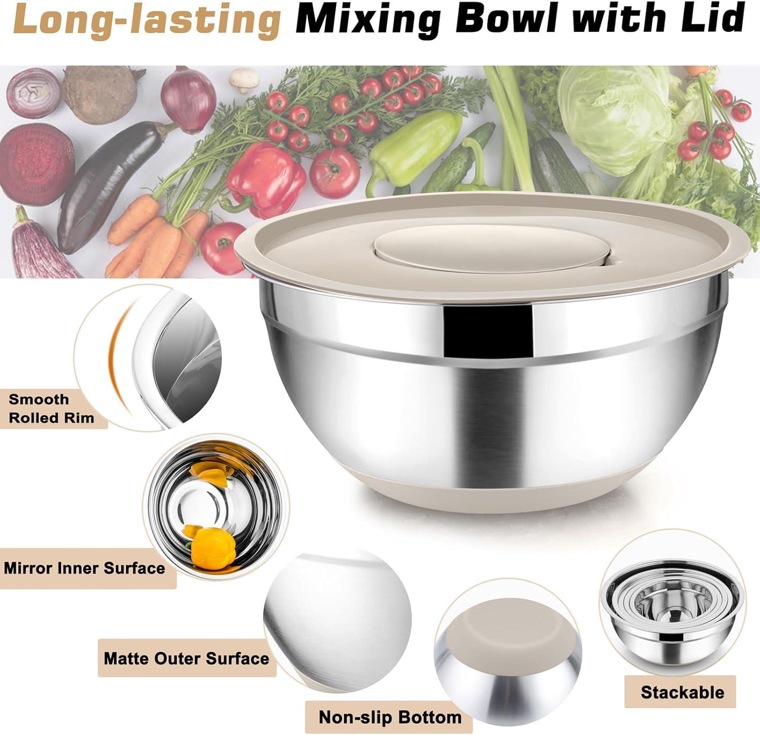 Khaki Stainless Steel Nesting Mixing Bowls with Lids Set of 5