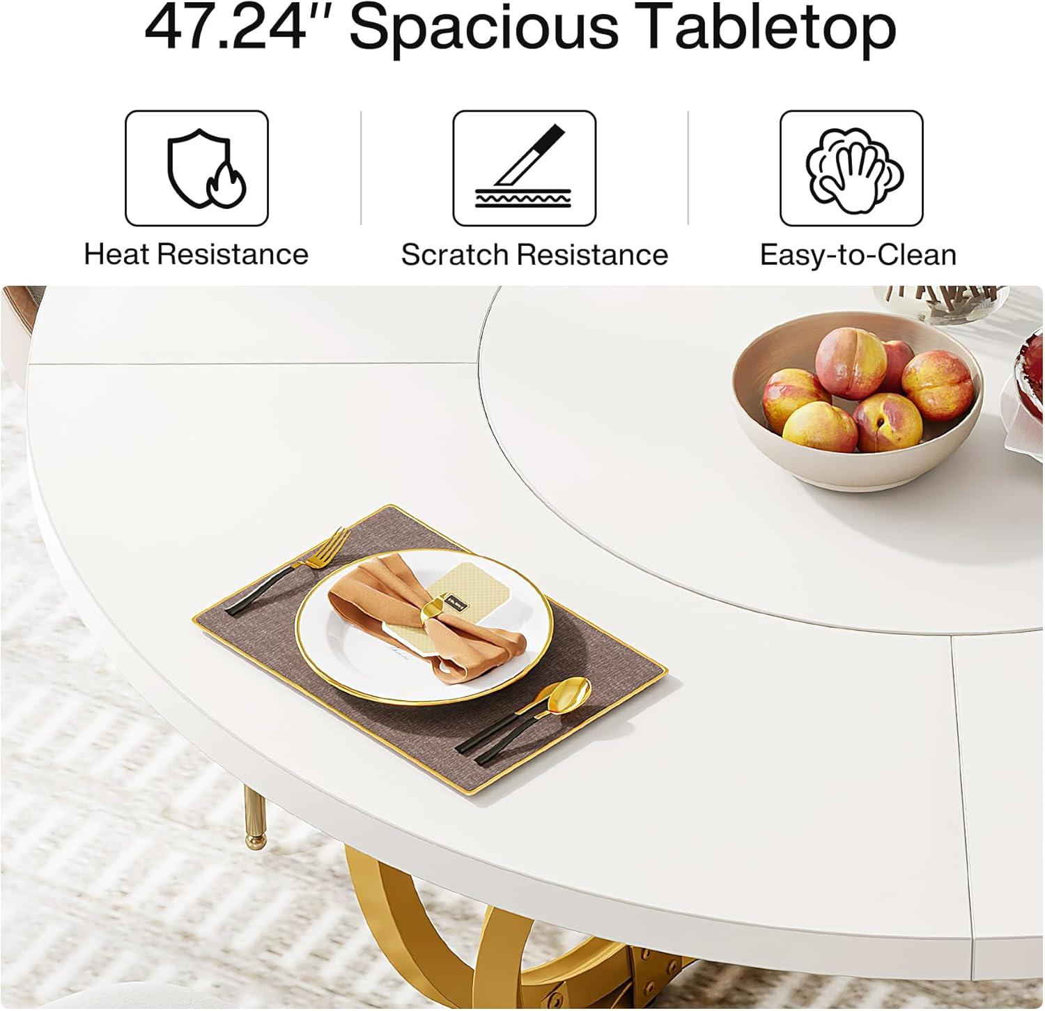 47 inch Dining Table for Dining Room, 4 People Round Dinner Table white & Gold