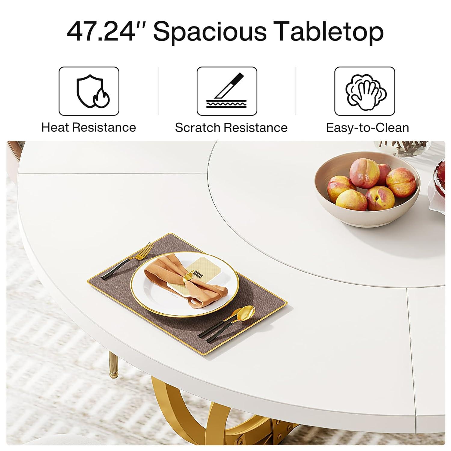 47 inch Dining Table for Dining Room, 4 People Round Dinner Table white & Gold